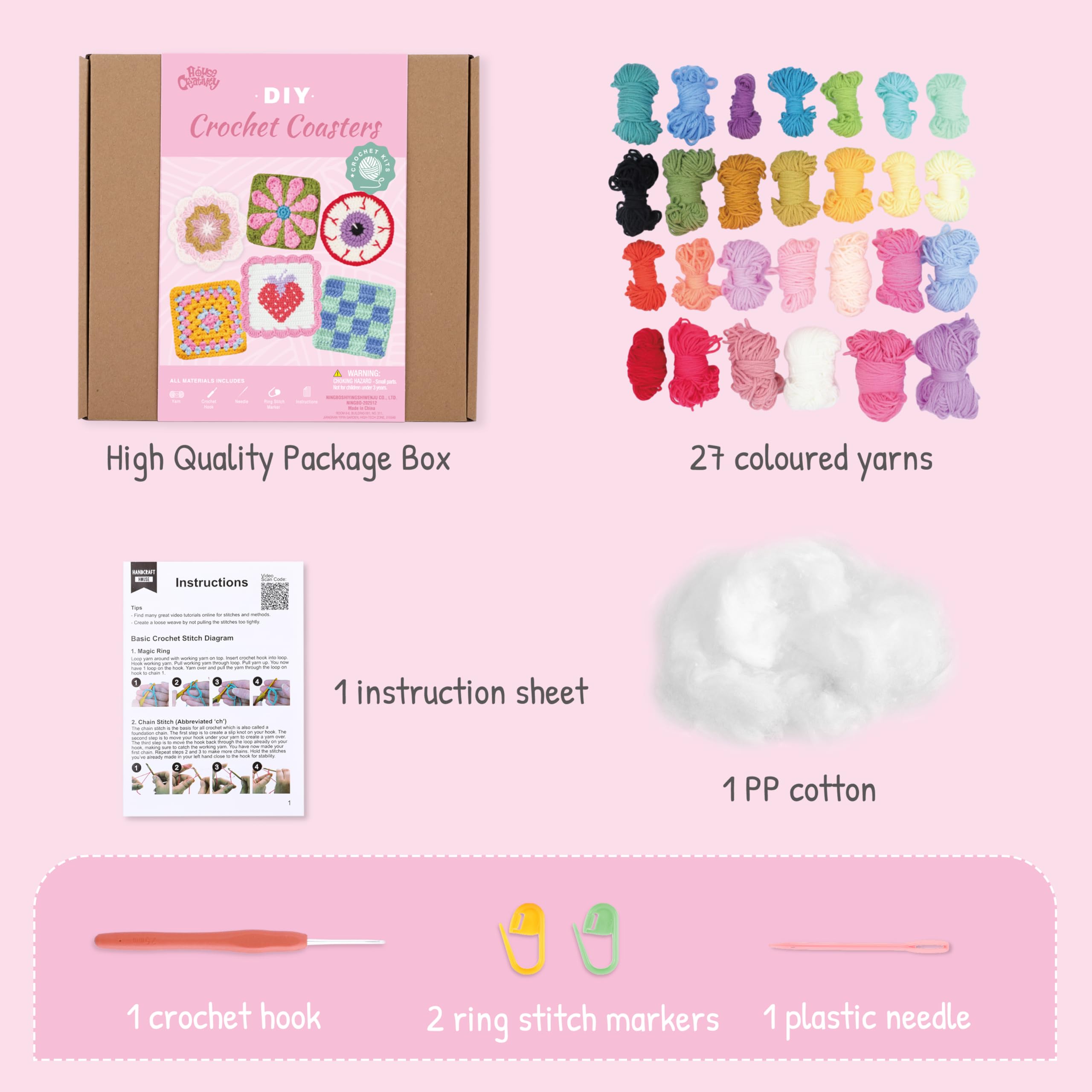 HOUSE CREATIVITY Kit per uncinetto per principianti e adulti, set completo con filato di 20 colori, video tutorial, ganci | Kit per imparare a lavorare all'uncinetto fai da te per donne e adulti