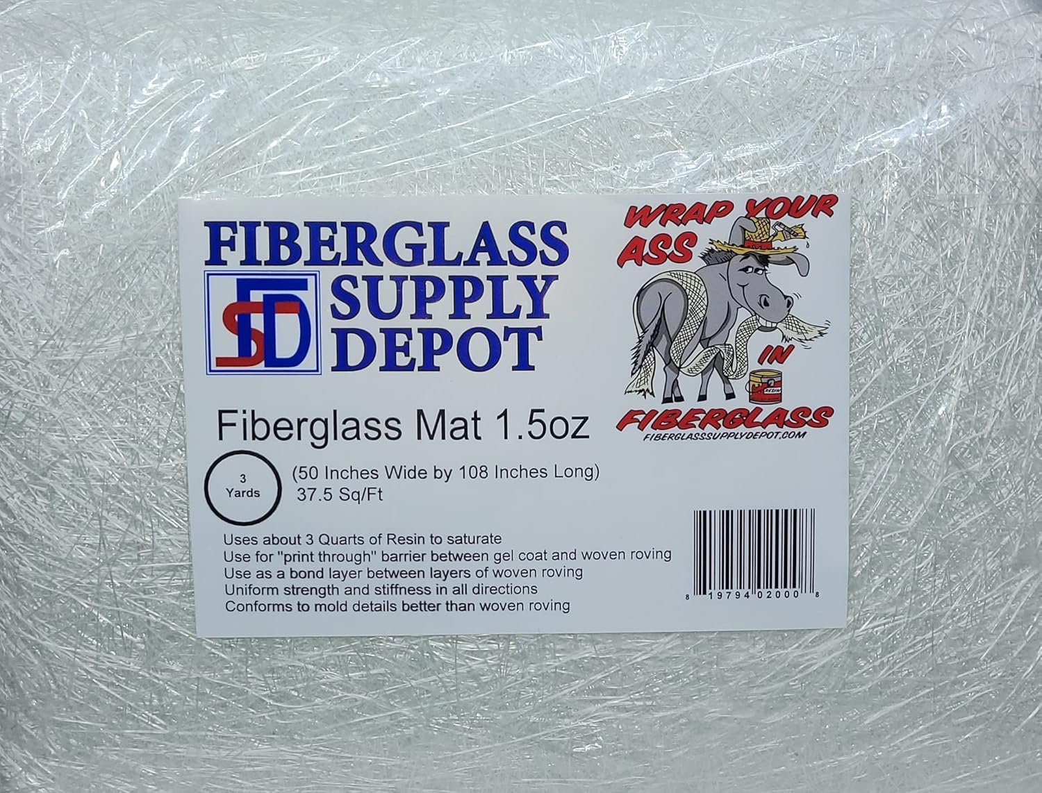 Fiberglass Supply Depot Fiberglass Chopped Strand Mat 1.5 Oz. - 3 Yards X 50" Wide (37.5sq/ft) for Hand Layup, Vacuum Bagging or Molding Composites with Epoxy, Polyester or Vinyl Ester Resins