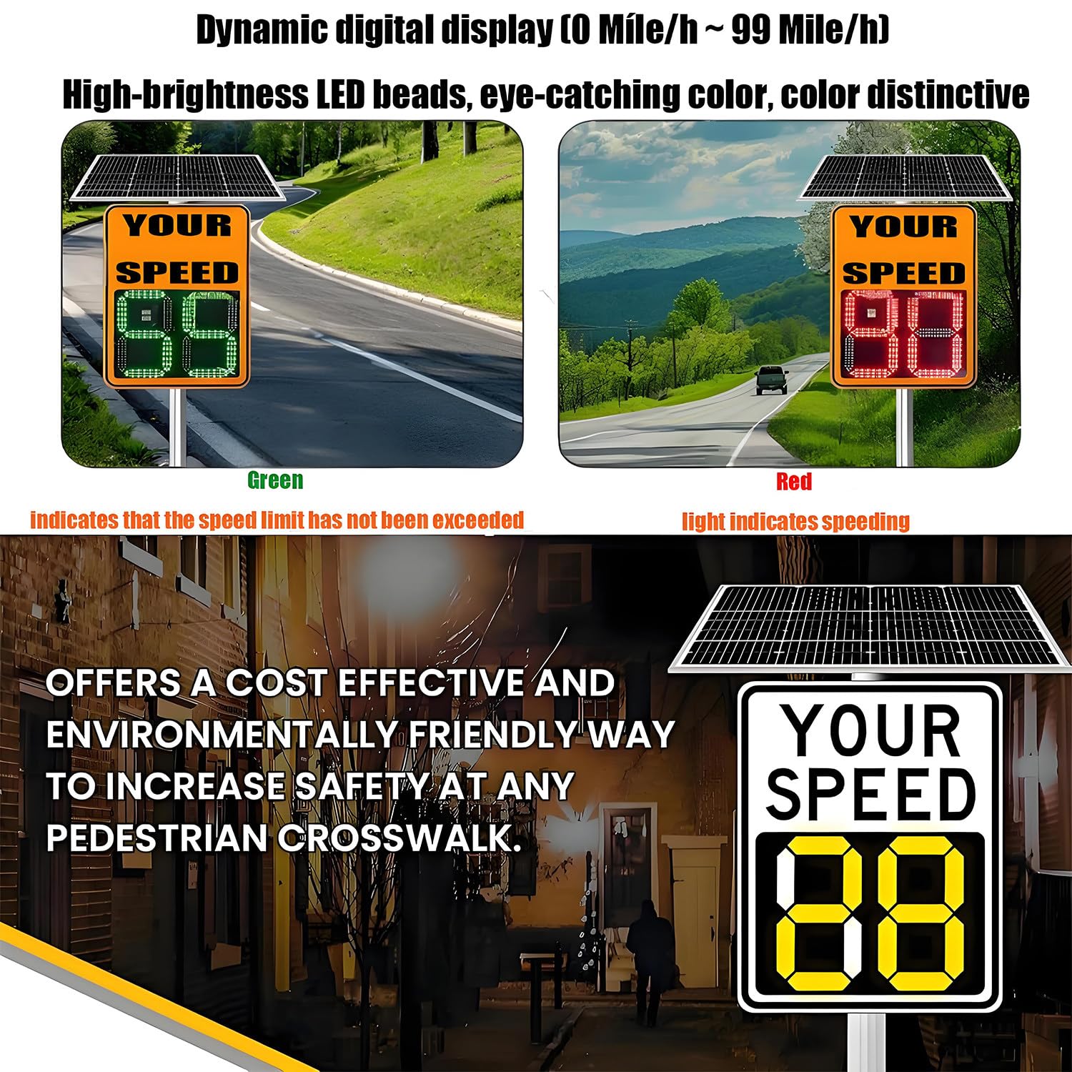 Señal de límite de velocidad con radar solar, pantalla LED, detector de radar solar, señales de tráfico de aluminio resistentes a la intemperie con kit de montaje y control remoto. Orange-50*70cm