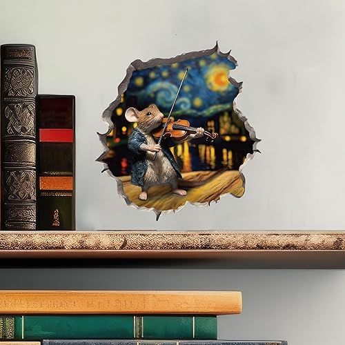 Miniatura 2 de Calcomanía de pared 3D con agujero de ratón con diseño de violín de noche estrellada