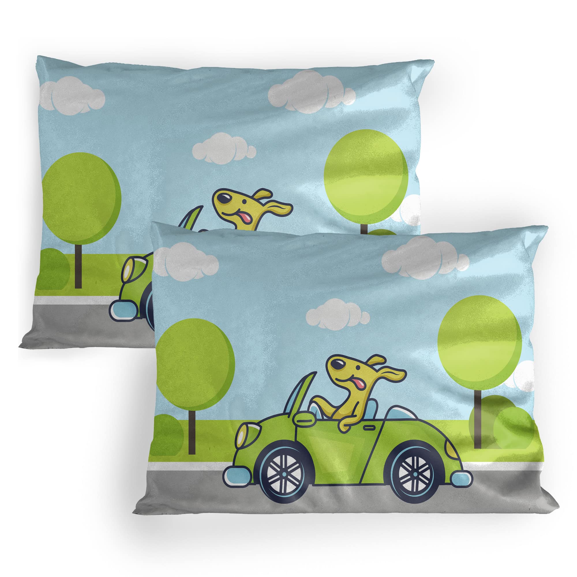 Ambesonne Dog Driver Pillow Sham Set of 2, Puppy on The Road Car Jack Russell Journey Terrier Speed Race Cartoon, Quality Microfiber Bedding Item for All Seasons, 30