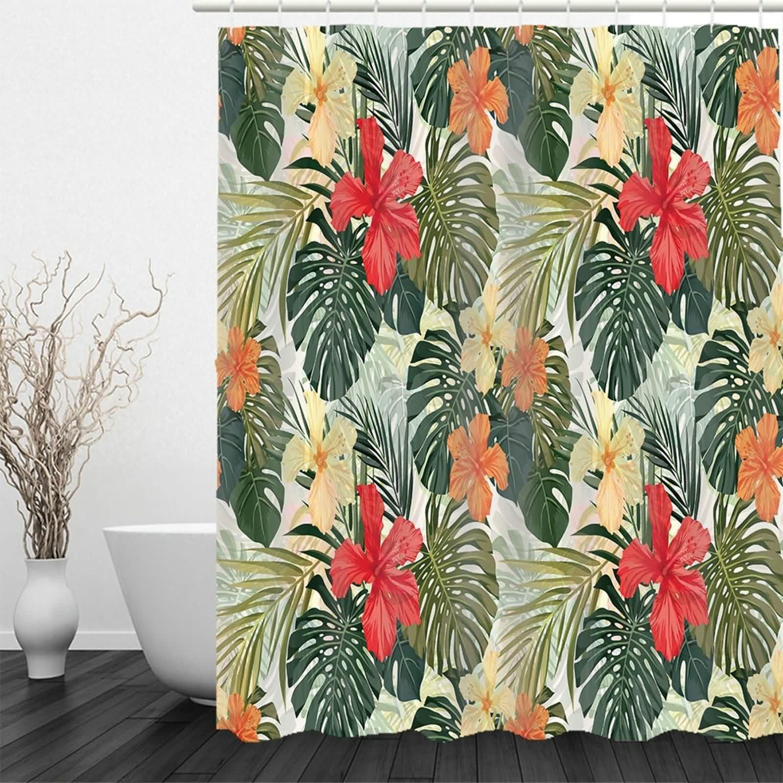 Cortina de ducha textil de tela roja y verde, diseño de hojas de flores, resistente al agua, antimoho, cortina de baño de poliéster, cortinas de tela lavable, cortina de baño, incluye anillas