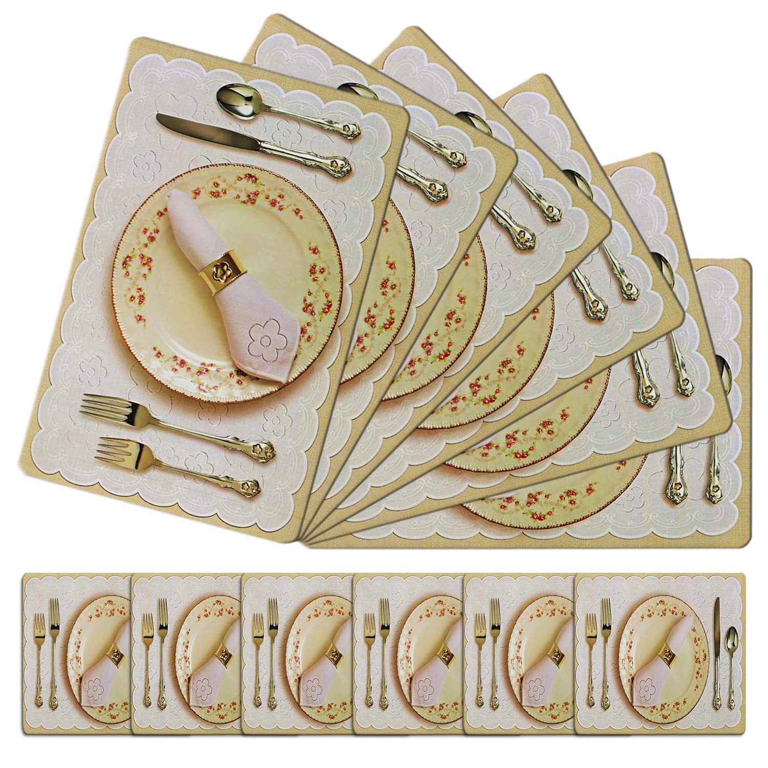 Kuber Industries Multiuses Plate & Spoon Print PVC Table Placemat with 6 Coasters for Kitchen, Dining Table Set of 6 (Golden)