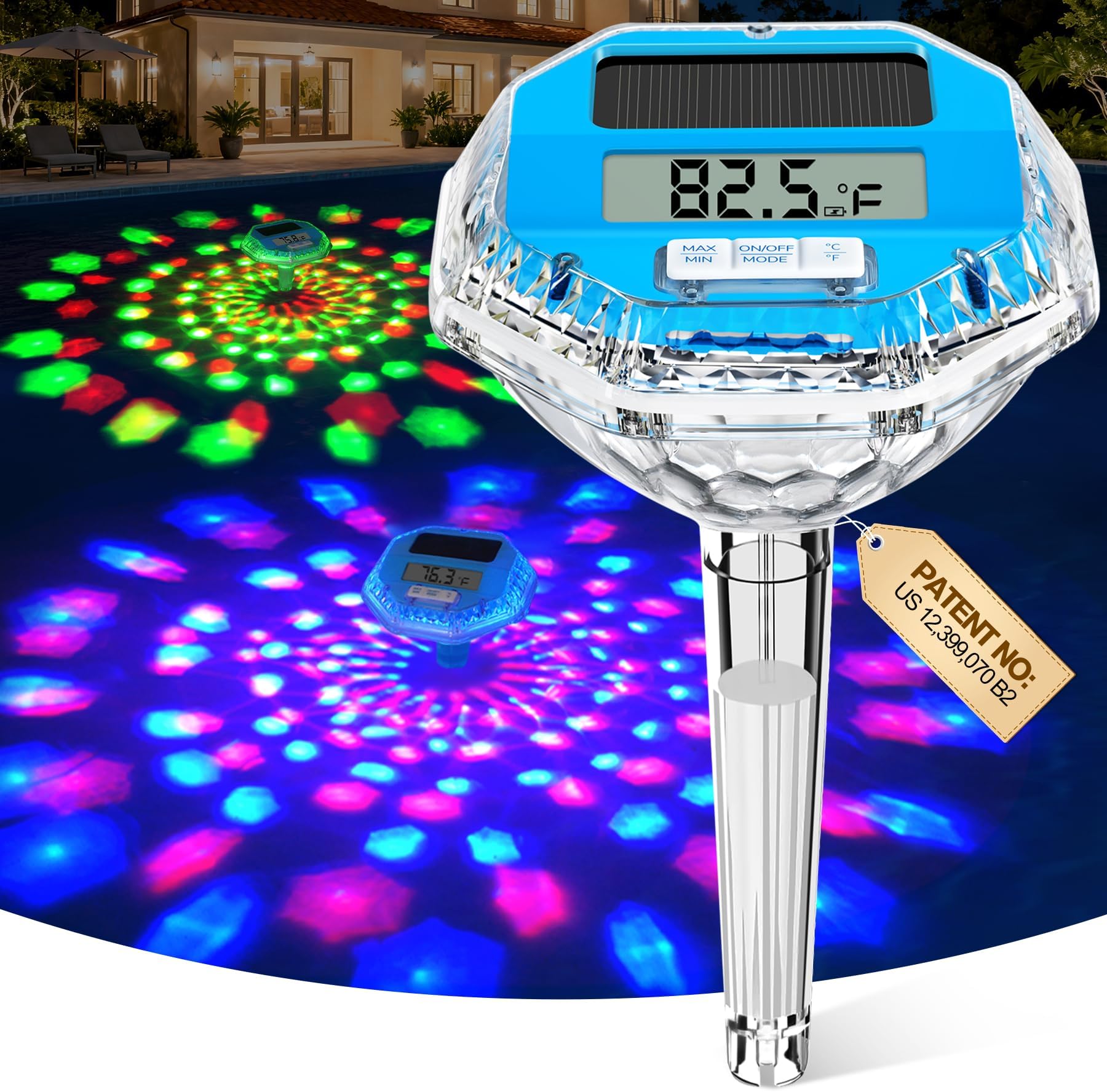 Solar Pool Thermometer Floating Easy Read with Dynamic Light Show, Digital Pool Thermometer with Large LCD Screen & Big Number, IP68 Waterproof Pools Water Temperature Gauge for Hot Tubs & Spa