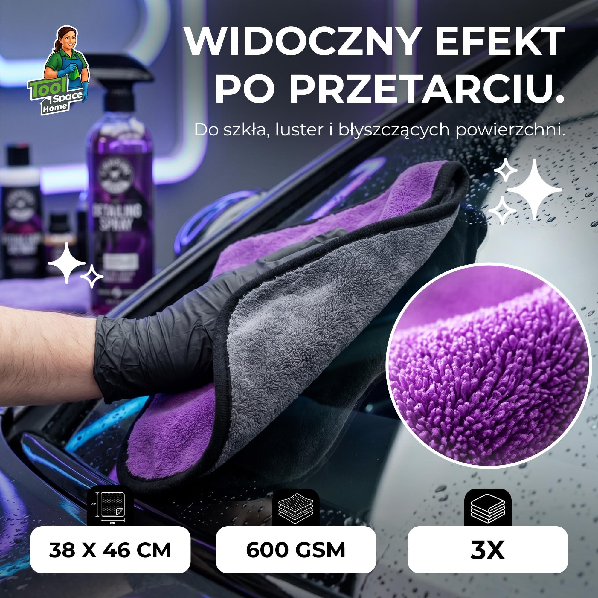 ToolSpace Ręcznik Samochodowy z Mikrofibry Premium 600 gsm 38x46cm 3 szt. do Osuszania Auta Lakieru Szyb Detailingu Chłonny Miękki Wielorazowy Bez Smug Zestaw do Pielęgnacji Samochodu Karoserii i Wody