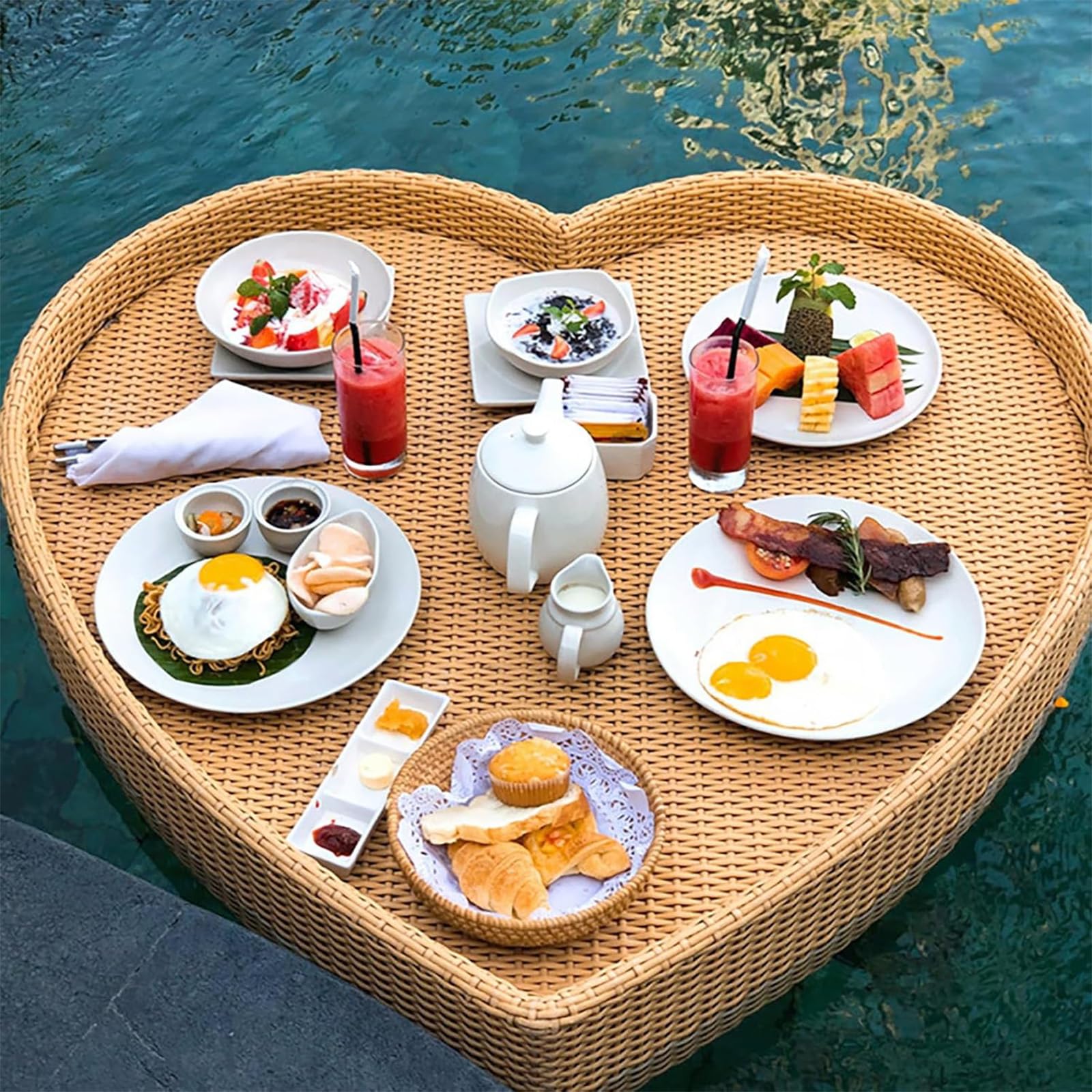Woven Rattan Serving Tea Tray Floating Breakfast Luxury Breakfast Villa Organizing Pantry(A)