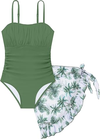 Girls Swimsuit One Piece Swimwear Top with Tropical Print Cover Up Skirt Girls Bathing Suit 6-16 Years
