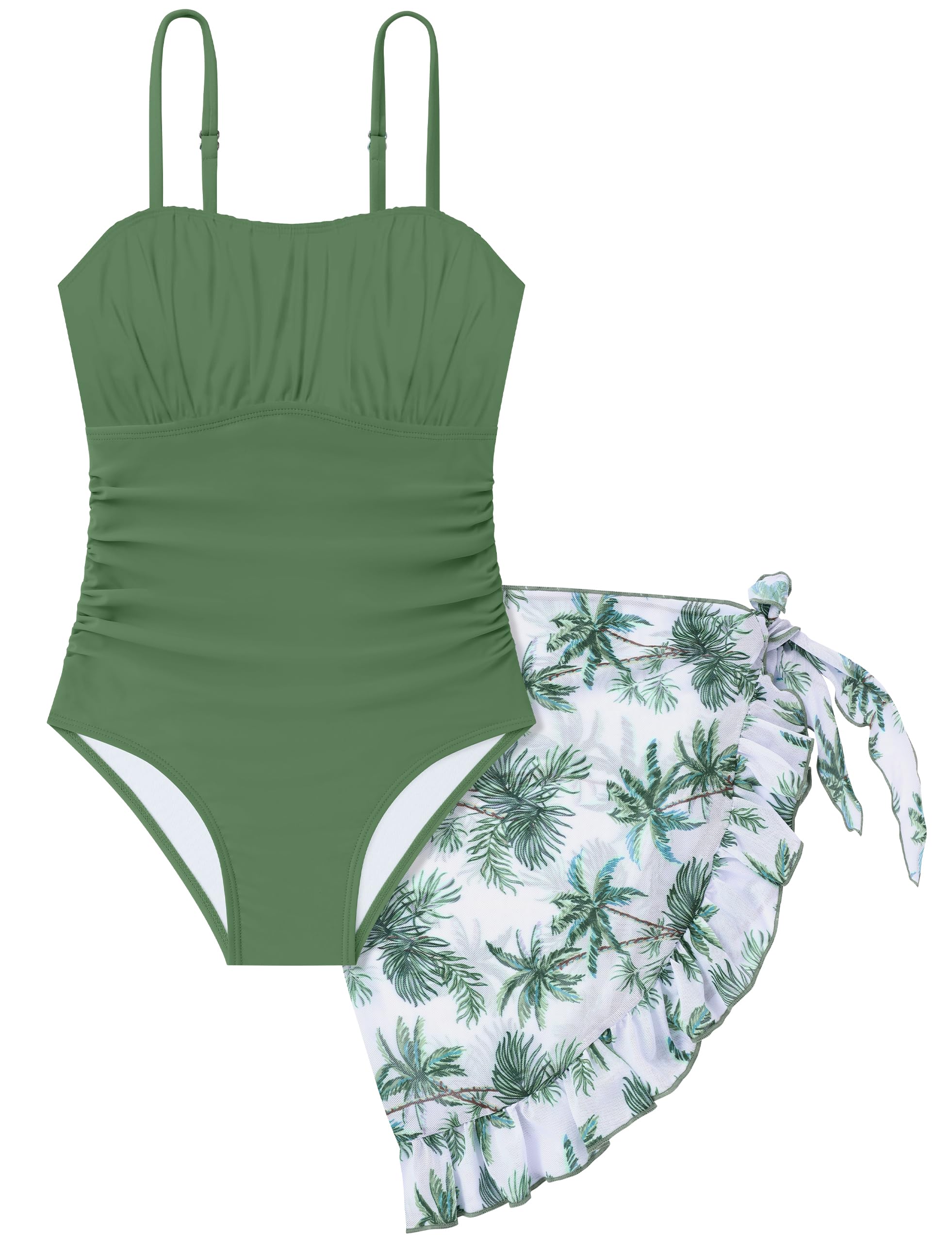 Girls Swimsuit One Piece Swimwear Top with Tropical Print Cover Up Skirt Girls Bathing Suit 6-16 Years