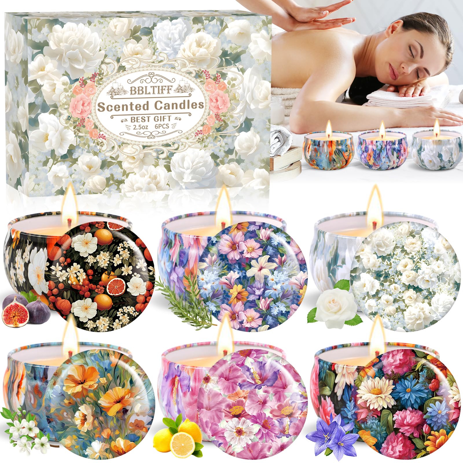 BBLTIFF Velas Perfumadas, 6 Piezas Velas Aromáticas, Velas Decorativas, Juego De Velas Perfumadas, Hasta 120 Horas Para Baño, Yoga, Bodas, Navidad, Día de La Madre, Regalos de Cumpleaños (6 Aromas)