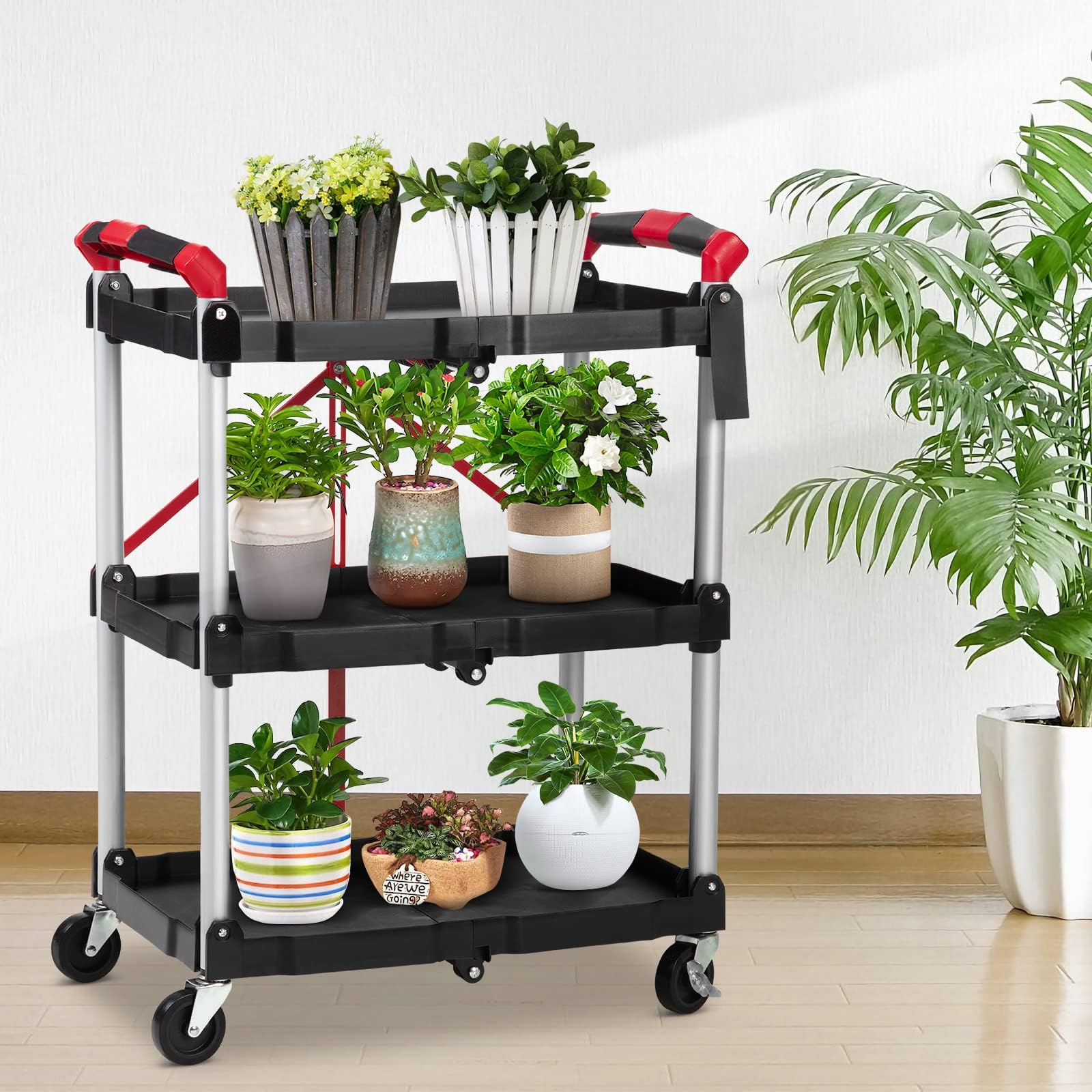Chariot Pliable à 3 Niveaux, Chariot de Service à roulettes, Capacité 75 kg, Chariot de Cuisine Compact pour la Maison, Le Bureau, Le Garage, 60 x 38 x 83 cm, Noir