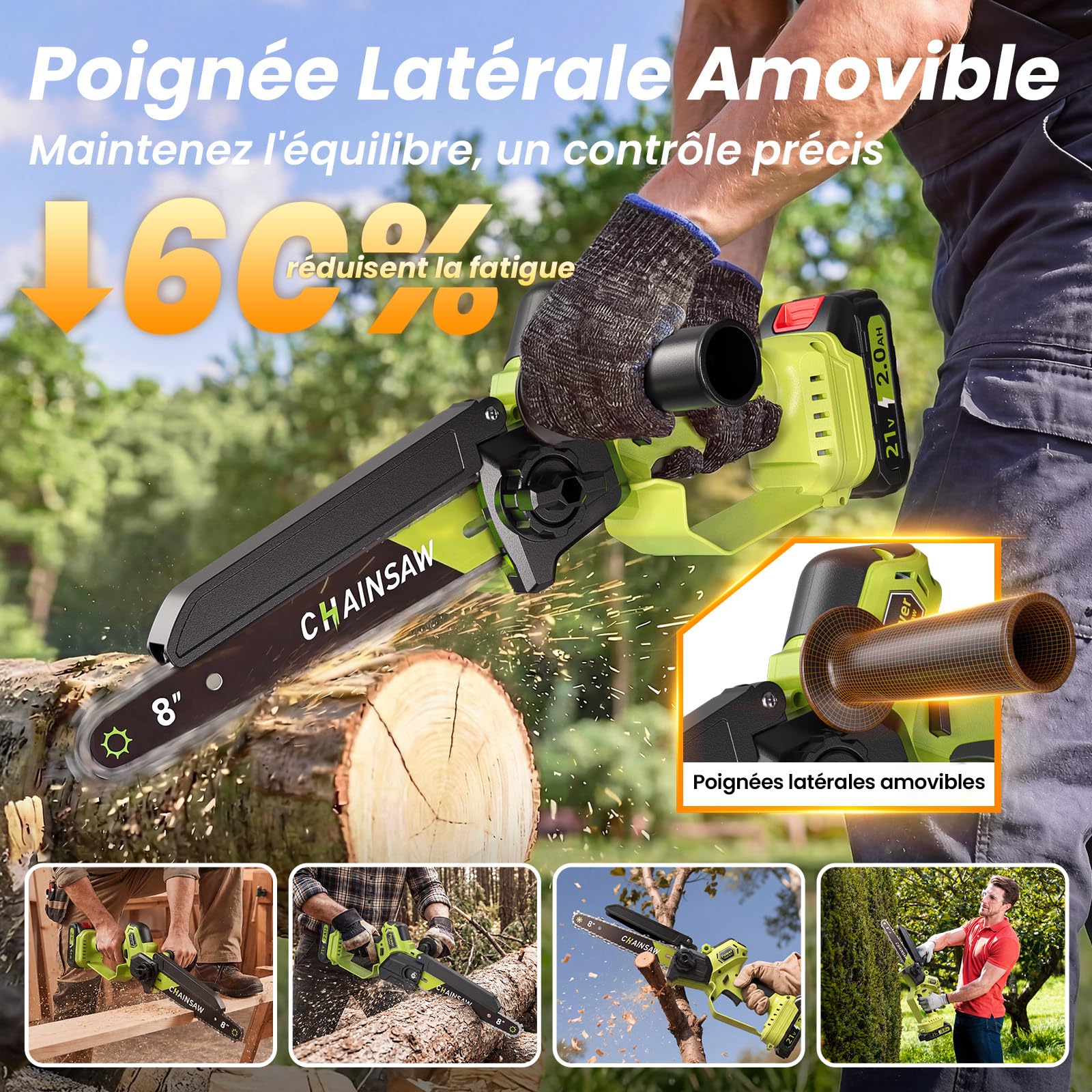 Mini Tronconneuse a Batterie 4000mAh, 8 Pouces 1300W Brushless Tronconneuse Électrique sans Fil avec Graisseur Automatique et Chaîne de Remplacement, Compatible Makita 18V, Idéal Extérieur & Jardinage