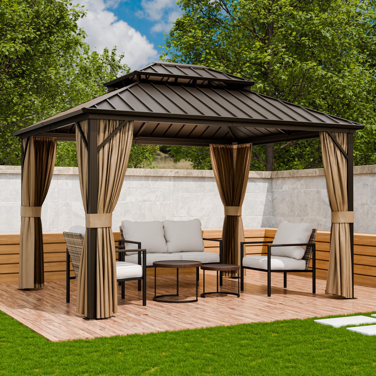 (Similar to Stock Photo) COOS BAY 12x10 Hardtop Gazebo with Aluminum Frame, Galvanized Steel Double Roof Outdoor Pavilion with Netting and Curtains, Dark Brown/Tan