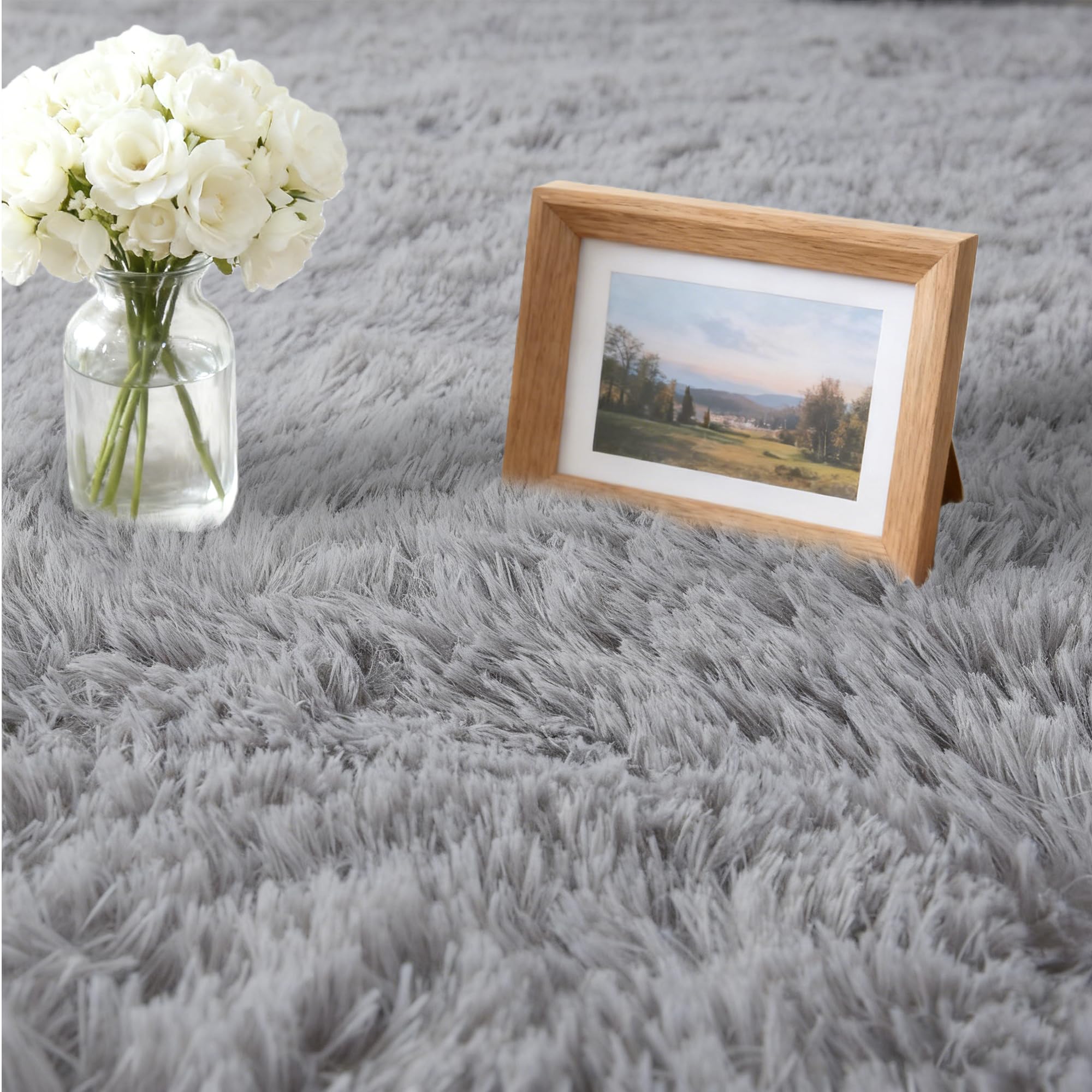 Tapis Chambre 100 x 170 cm Shaggy, Dessous Antidérapant, Ultra Doux, à Poils Longs Tapis Moelleux à Poils Lavable Antidérapant pour Chambre avec Dessous, Gris Clair