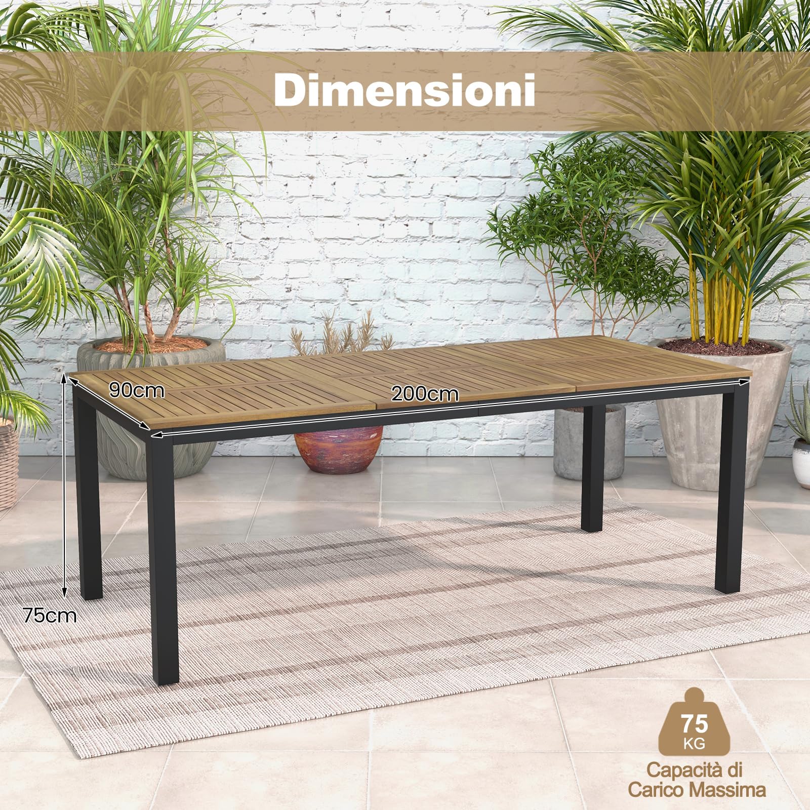 COSTWAY Tavolo da Pranzo a 8 Posti, Tavolo da Giardino 200 cm in Legno di Acacia, con Foro per Ombrellone da 5 cm, Gambe in Metallo, per Giardino, Cortile, Portata 75 kg (Modello 1)