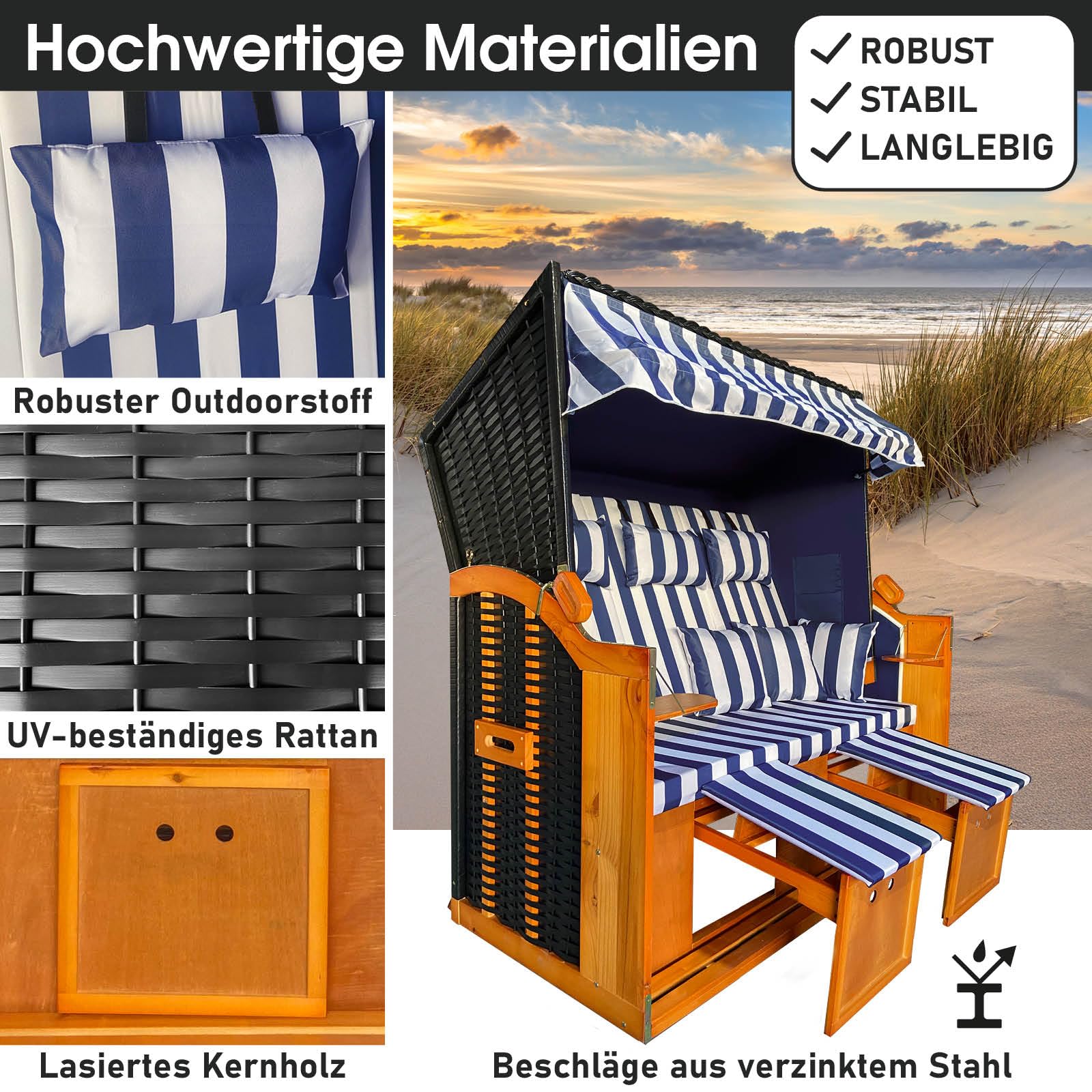 BRAST® Strandkorb Ostsee 3-Sitzer XL für 2-3 Personen | 155cm breit | 2 Designs | Tragkraft bis zu 500kg | verstellbare Rückenlehne | Blau/Weiß gestreift
