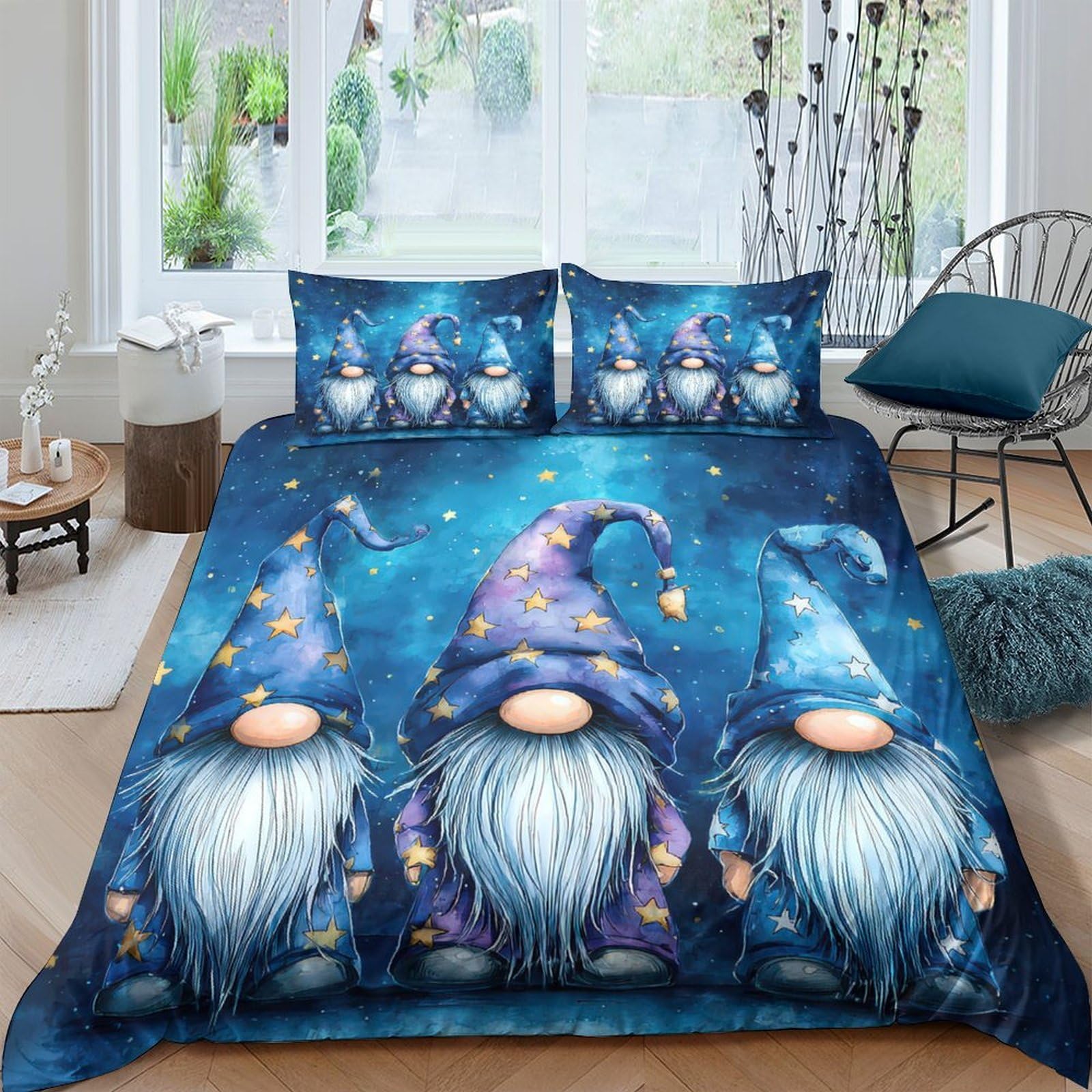 Ctjqhvkz Style-9 3D Printed Nordic Gnome Fitted Sheet Microfiber Blue Cartoon Starry Night Mattress Cover For Bedroom Guest Room Decor Single（135X200cm）