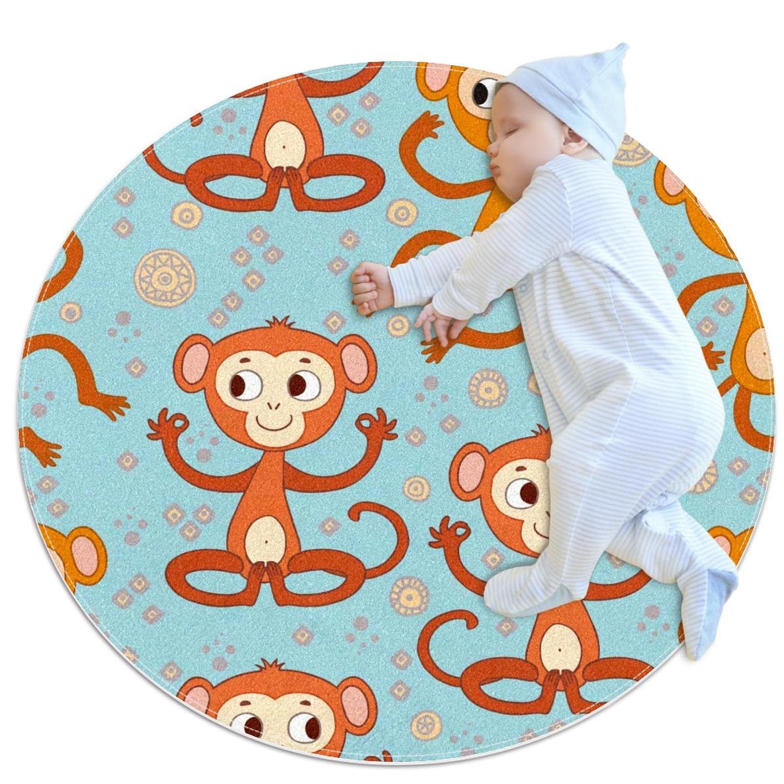 Tapis de bain rond motif singe en coton doux, lavable et durable