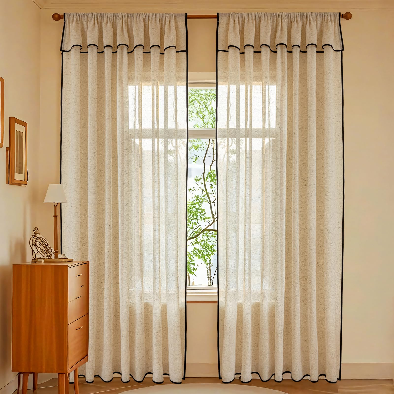 Anmao Vintage Edge Linen Curtains with Attached Valance for Living Room 84 Inch Length 2 Panels Set, Light Filtering Semi Sheer Window Curtain Drapes for Bedroom, 52 Inch Wide Each Panel, Natural