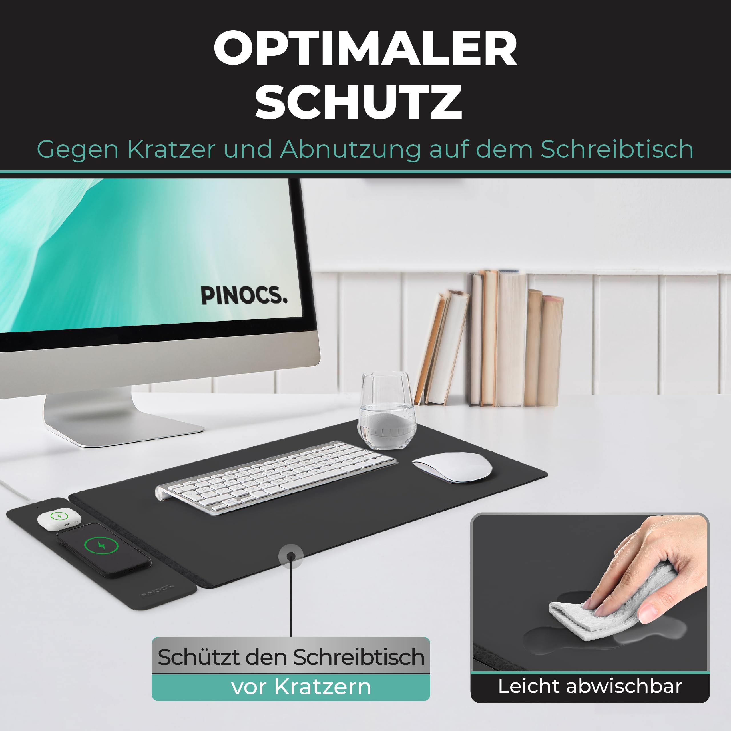 Bureauonderlegger met oplaadfunctie voor iPhone/AirPods/Android; multifunctioneel; leer/vilt; snel opladen; links/rechtshandig; minimalistische bureaumat; bureaumat; muismat (blauw
