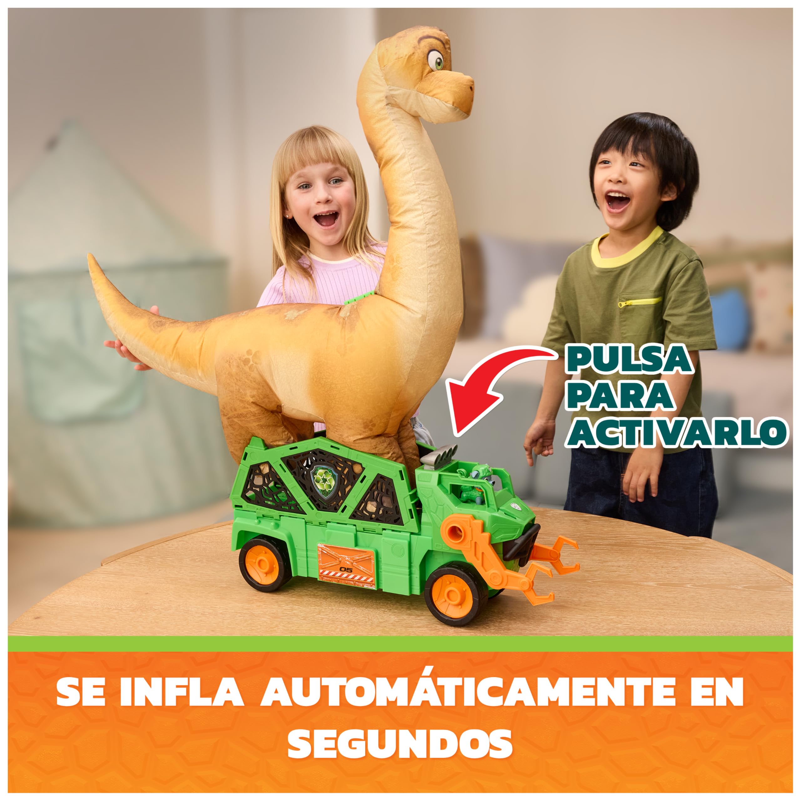 Paw Patrol: The Dino Movie, vehículo de Dinosaurio Megasaurus con Dinosaurio Inflable de 76,2 cm y Figura de acción de Rocky, Juguetes para niños y niñas preescolares, a Partir de 3 años