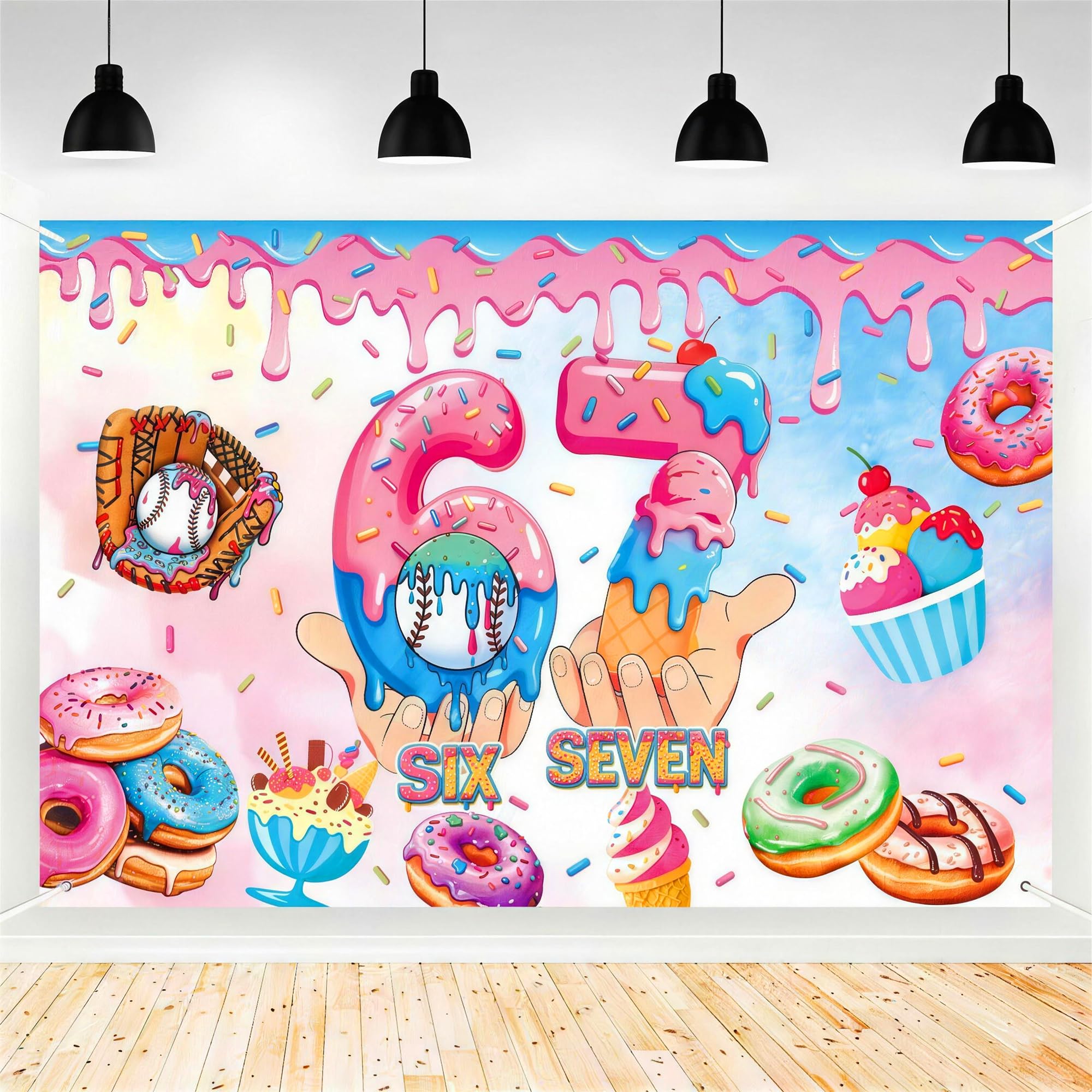 Photo 1 of 6 7 Birthday Decorations Backdrop, 67 Birthday Decorations Funny Meme Photo Booth Background 6 x 3.6ft, 6 7 Birthday Decorations for Boy Girl Donut Ice Cream Party Banner