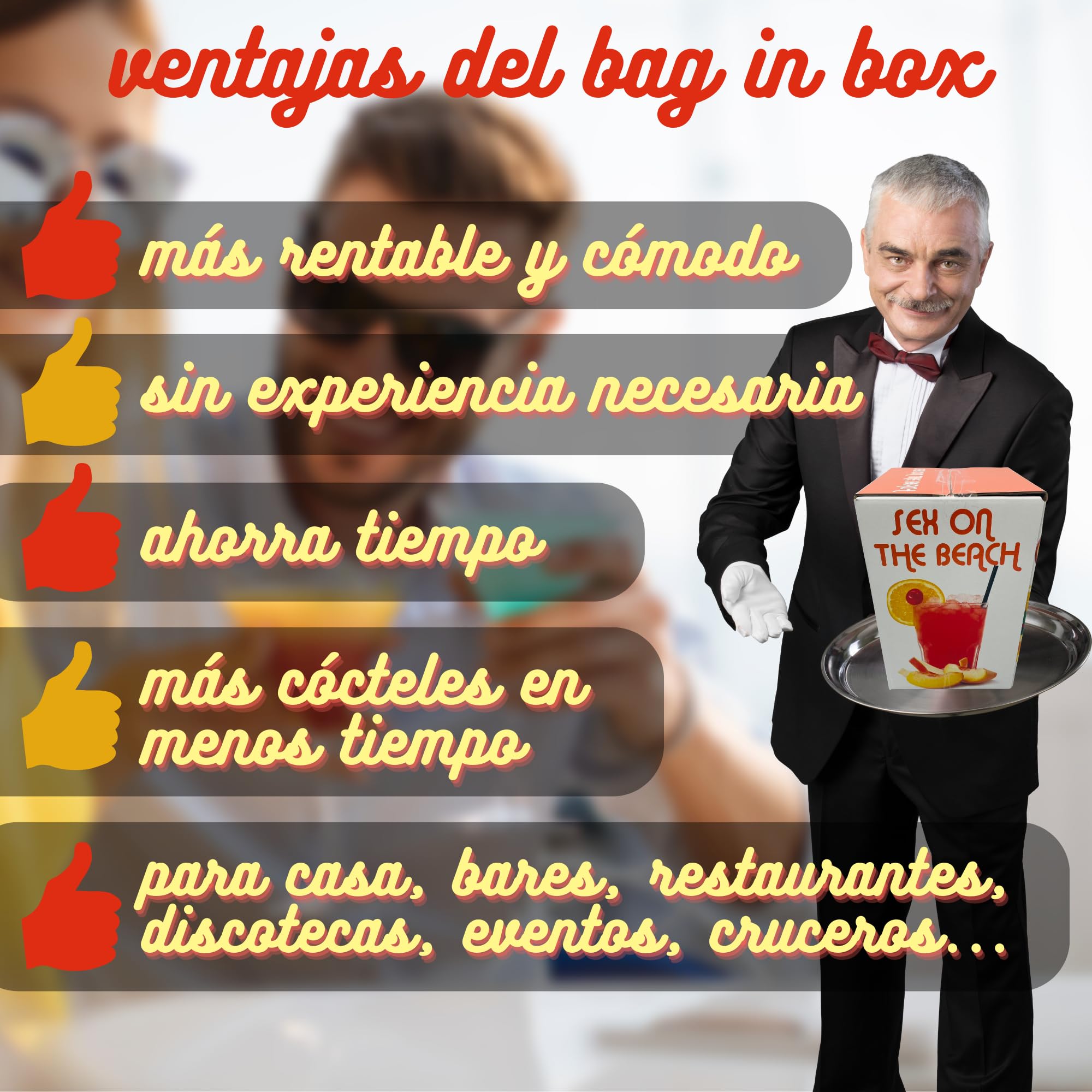 Concentrado Cóctel Sex On The Beach Bag en Box 3,3 Kg (3L) 28% Vol. Rinde 15L o más de 50 vasos diluído en Agua y Hielo. Un Cocktail Más Rentable y Rápido en Menos Espacio. Por Destilerías Riojanas