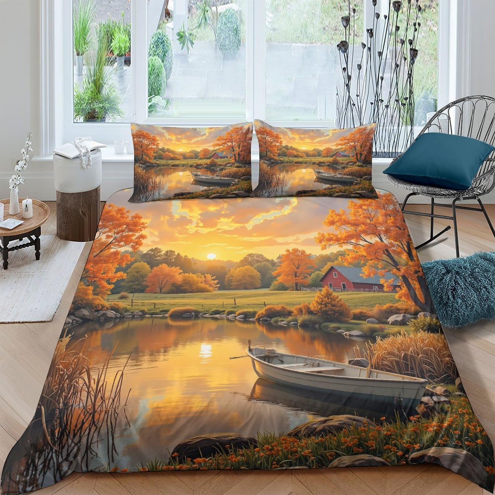 Ctjqhvkz Style-10 3D Printed Autumn Lake Sunset Fitted Sheet Microfiber Soft Decor Rustic Boat Bed Cover For Bedroom Guest Room Single（135X200cm）