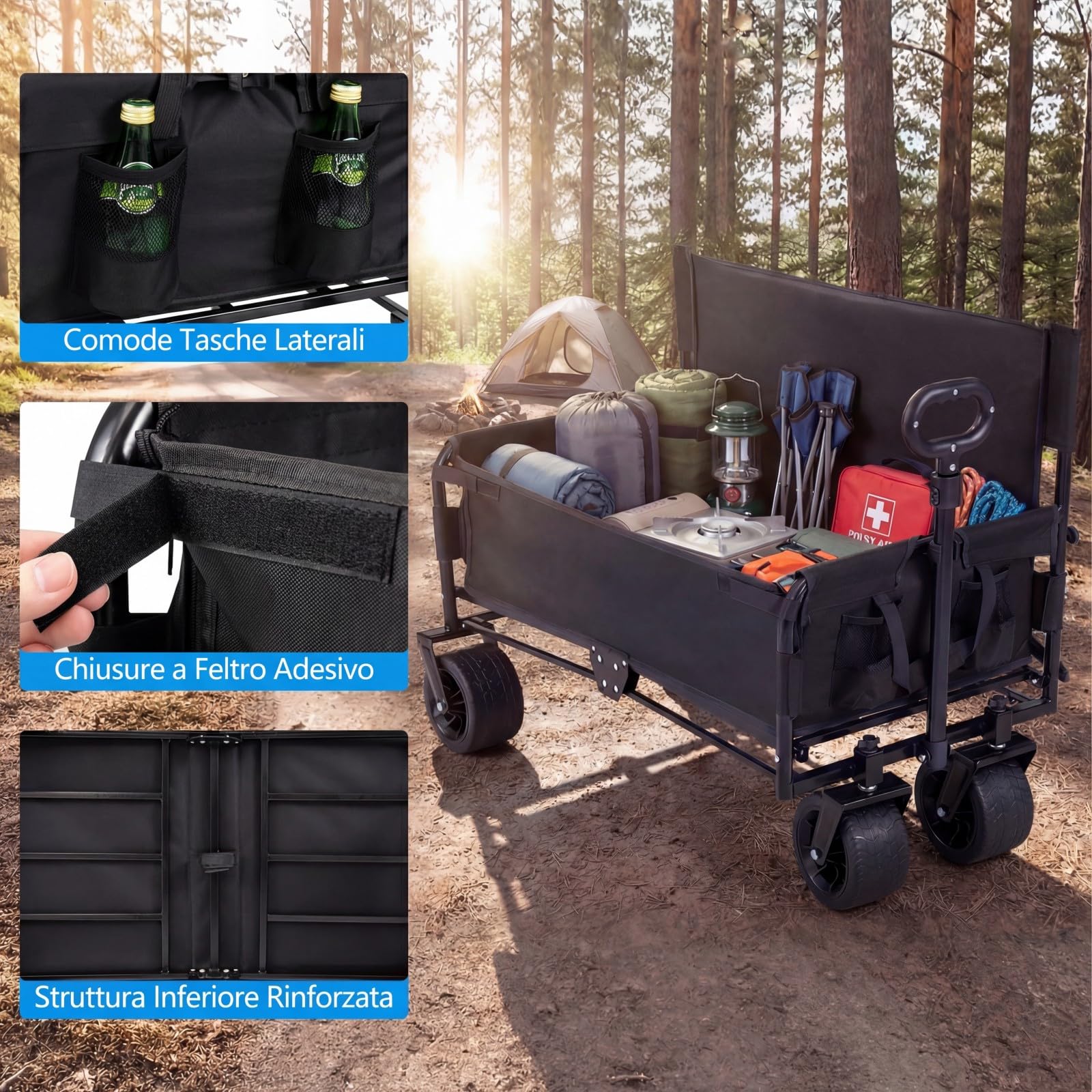 COSTWAY 2 in 1 Carrello Pieghevole con Panca, Carrello Trasportabile con Maniglia Regolabile, Cuscini Morbidi e Ruote, Carrello da Giardino in 600D Oxford, 80 kg, 85 L, per Campeggio e Spiaggia (Nero)