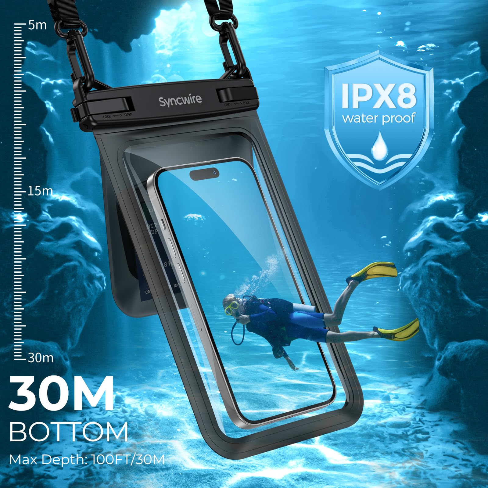 SYNCWIRE Wodoodporne etui na telefon, 2-pak IPX8 podwójne kosmiczne wodoodporne etui na telefon iPhone 15 14 13 12 Pro Max XR X SE 2022 8 Samsung S24 S23 S22 Ultra S21 telefony poniżej 8,5 cala -
