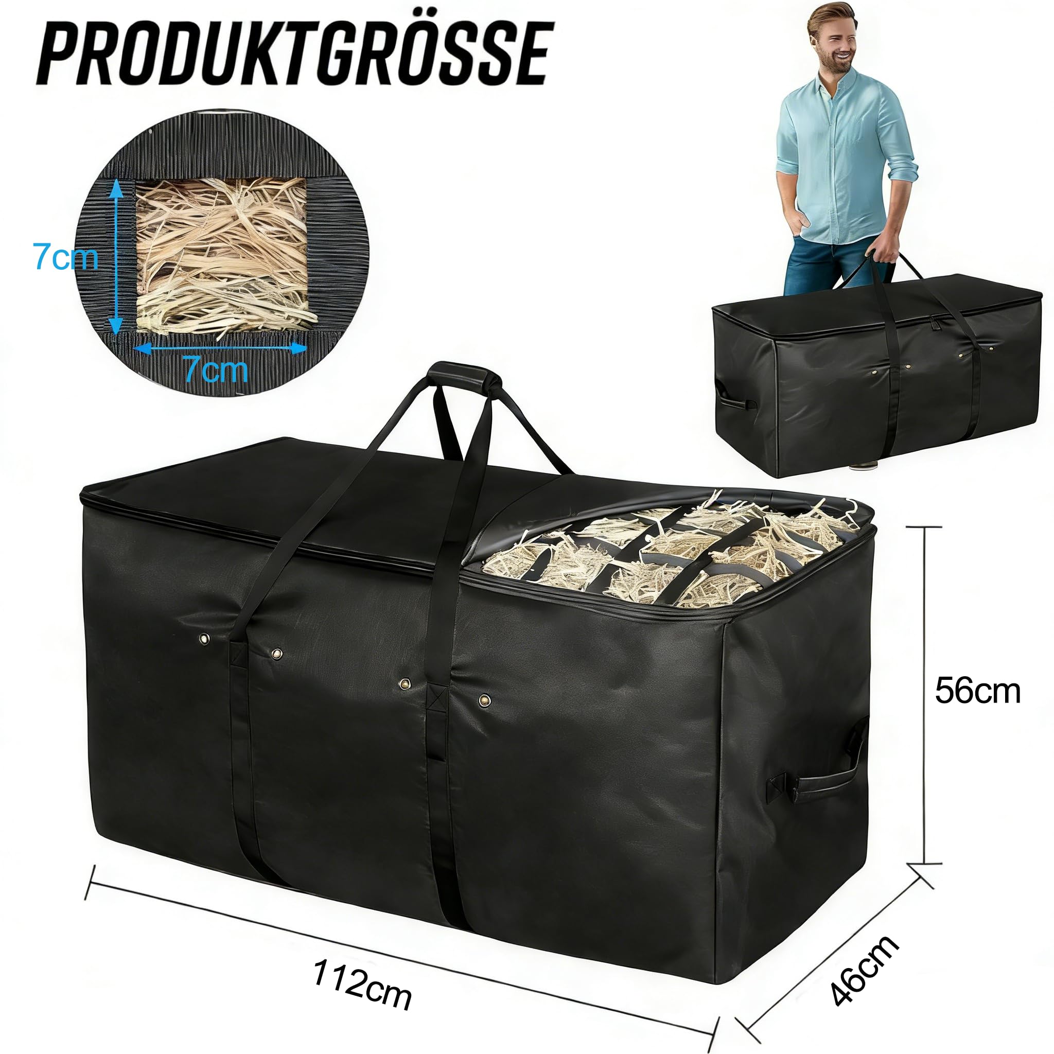 Heunetz für Pferde,Heusack,extra große Heutasche (112x46x56 cm) mit Slow-Feed-Deckel f. Pferde,Ziegen,Schafe& Esel–Hochwertige,schwer entflammbare Oxford-Stoff Aufbewahrungstasche (Schwarz)
