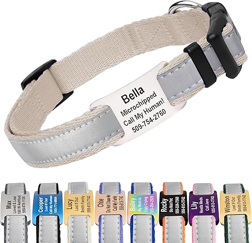 Miniatura 20 de GoTags - Collar con placa de identificación personalizable, reflectante y ajustable para perro, placa de identificación de acero inoxidable grabada