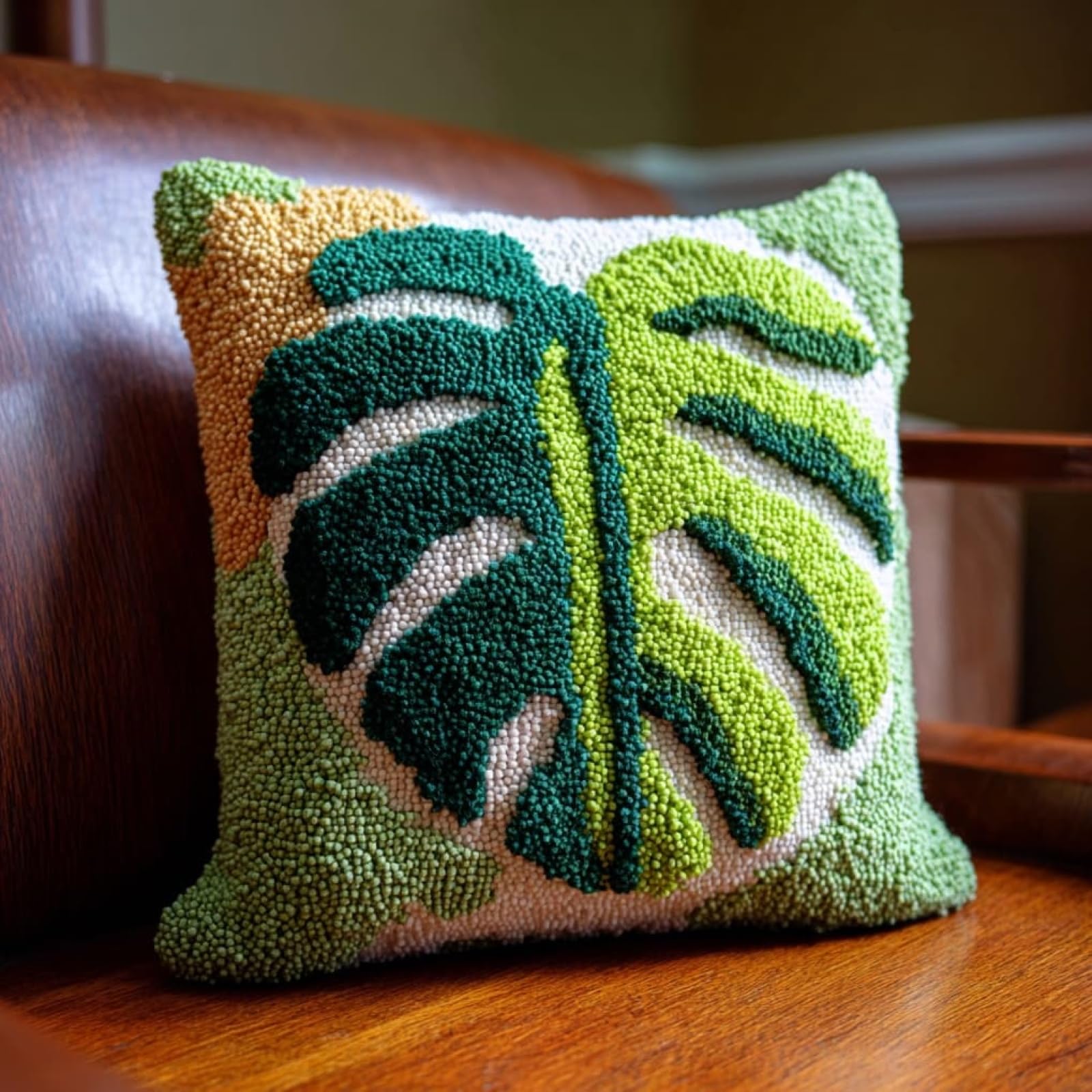 AxiangziK Latch Hook Pillow Kit,Palm Leaves Easy Crochet Needlework Cushion,DIY Cushion Cover Craft Set Suitable for Sofa,Armchair & Home Interior Decor