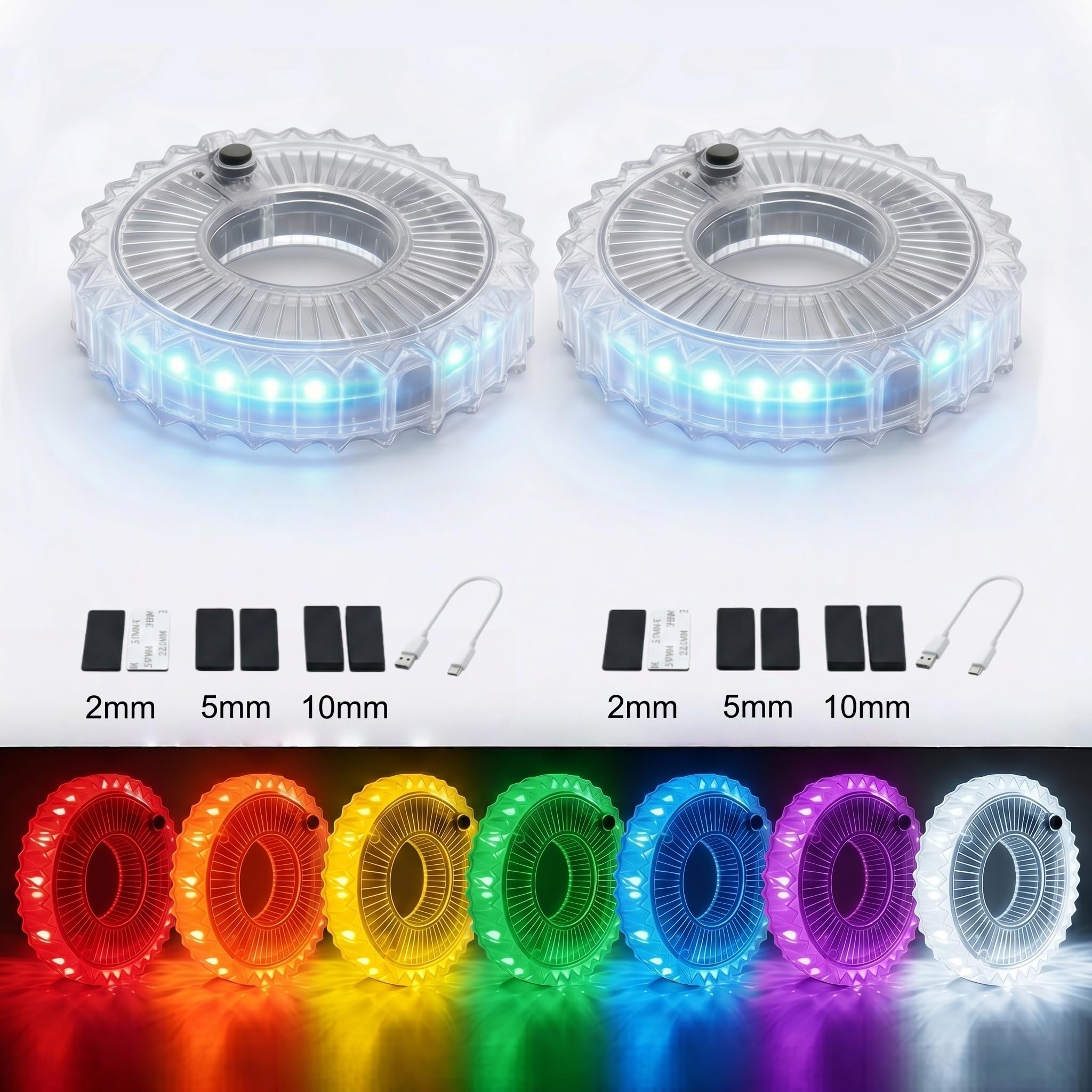 HANZE Lumières rechargeables pour roue de vélo – 9 couleurs, 21 modes d'éclairage, moyeu lumineux à DEL, autonomie de 20 heures, accessoires de sécurité pour pneus de vélo, lumières de rayons cool