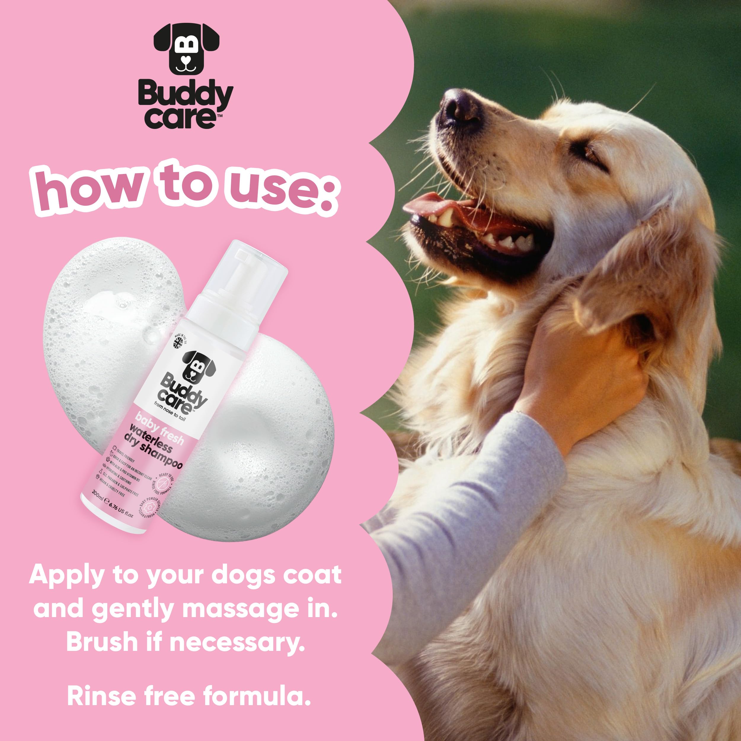 Buddycare Bezwodny, suchy szampon dla psów (200 ml) | świeży szampon dla psów dla wrażliwej skóry | naturalny, łatwy w użyciu suchy szampon do czystego, świeżego sierści
