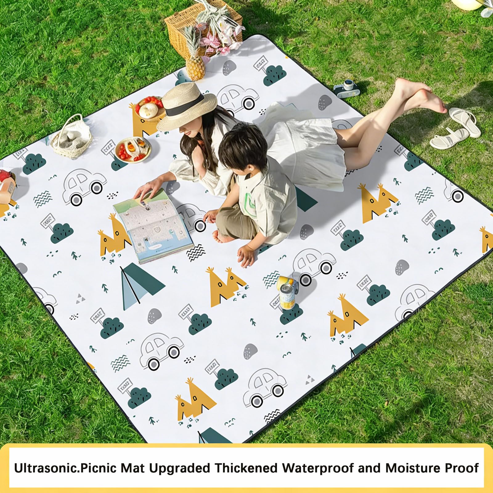 Tapis de pique-nique familial pour enfants 200*200cm Imperméable Couverture de camping Motif animaux,Nappe Pique Nique Pliable avec Poignée lavable en machine pour Plage,Picnic,Parc,Voyage