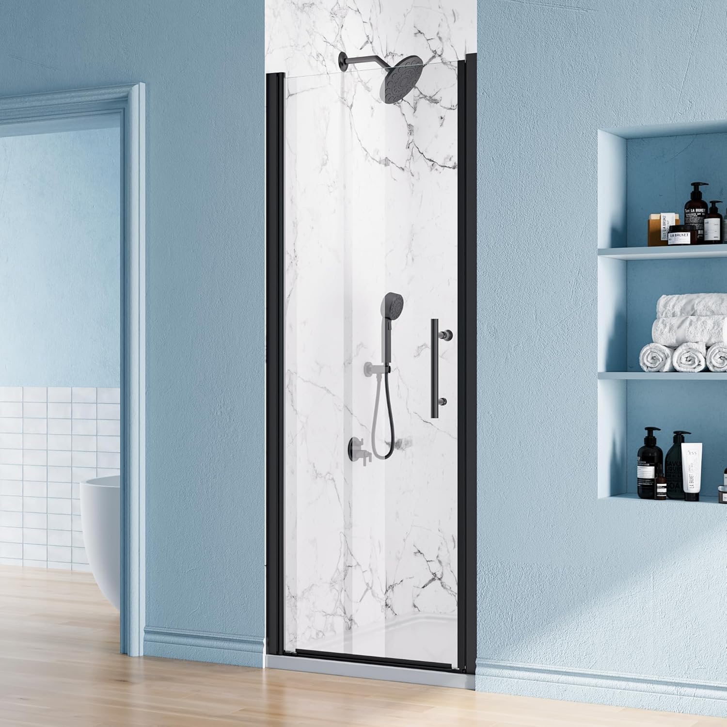 30-31.5" W x 75" H Pivot Shower Door, Frameless Shower Door with 1/4" (6mm) Clear SGCC Tempered Glass, Bathroom Swing Shower Door with Stainless Handle, Reversible Installation, Matte Black