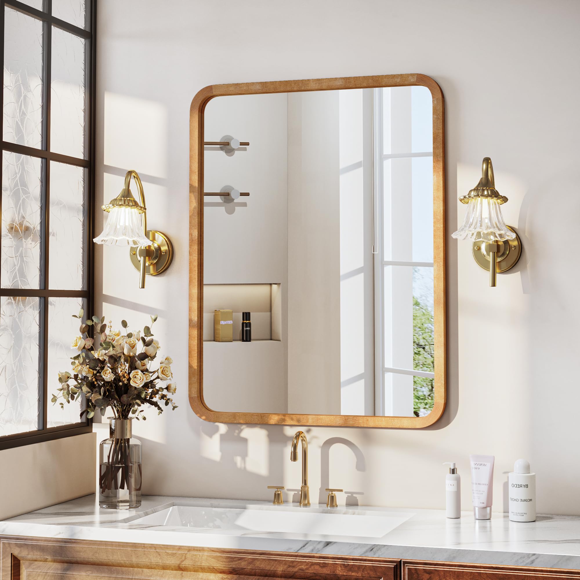 36"x28" Wood Bathroom Mirror - Handcrafted Modern Farmhouse Bathroom Mirror with Tempered Glass&Natural Wood Frame, Decorative Vanity Mirror for Bedroom, Living Room, Spa & Home (Anti-Fog Design)