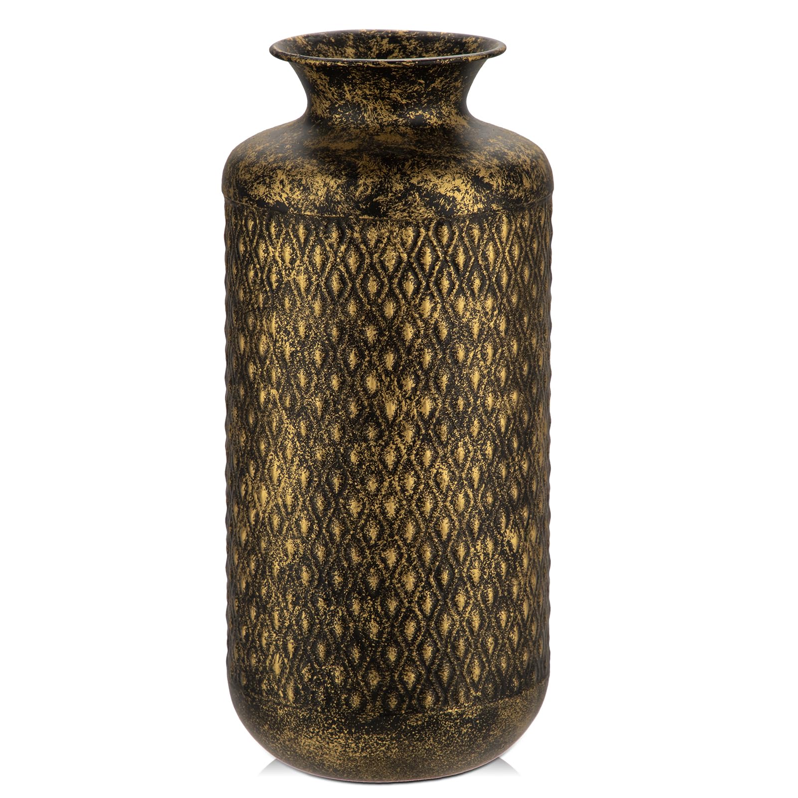 Florero, 35,5 cm de alto, jarrón decorativo de metal negro rústico con patrón dorado para arreglos florales, flores secas, mesa de comedor, decoración de oficina