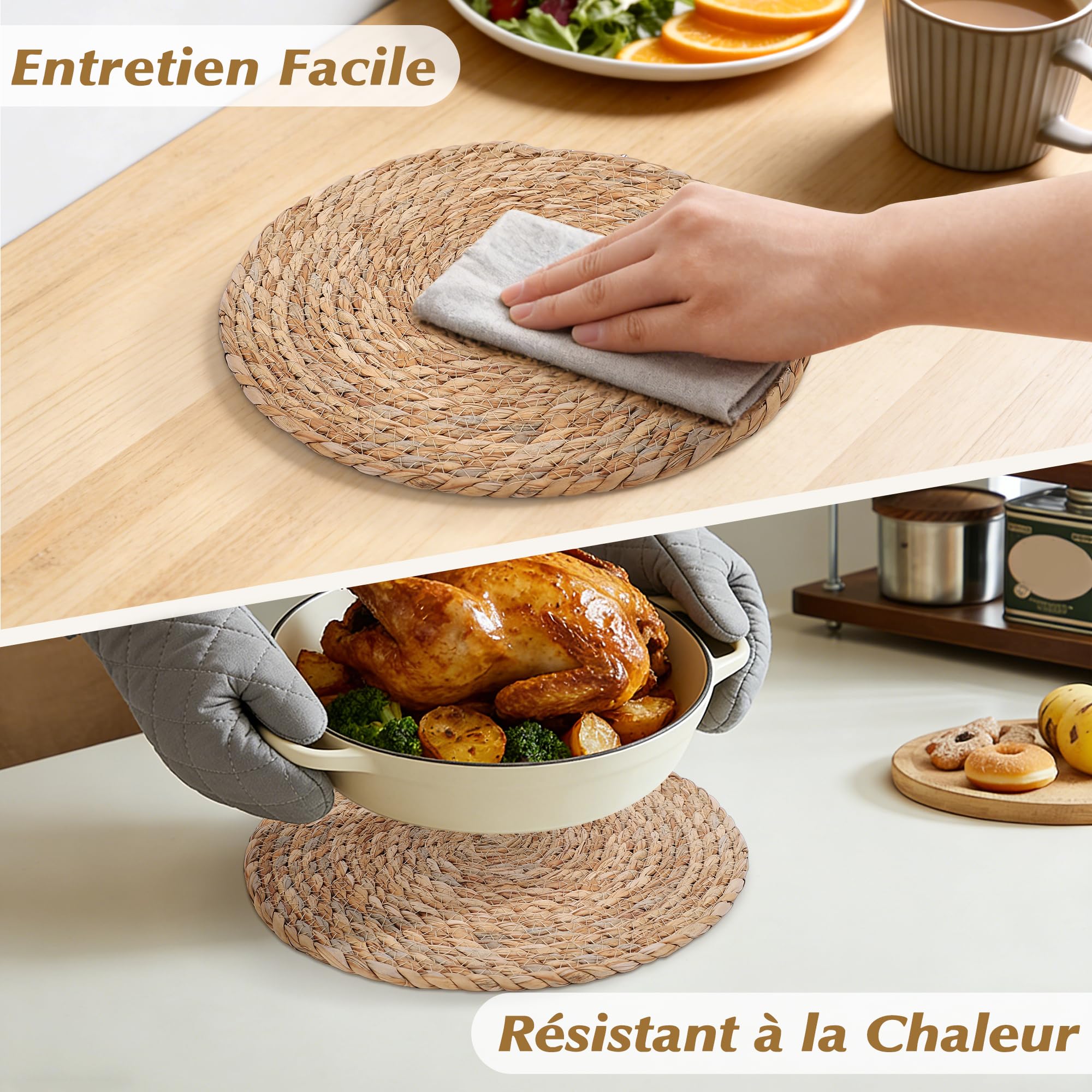 12PCS Sets de Table Ronds Tressés, 30cm Napperon Style Boho Antidérapant | Sets de Table Résistant à la Chaleur, Sous-Verres Tissé, Tapis de Table de Cuisine et Comptoir, Repas en Famille, Vacances