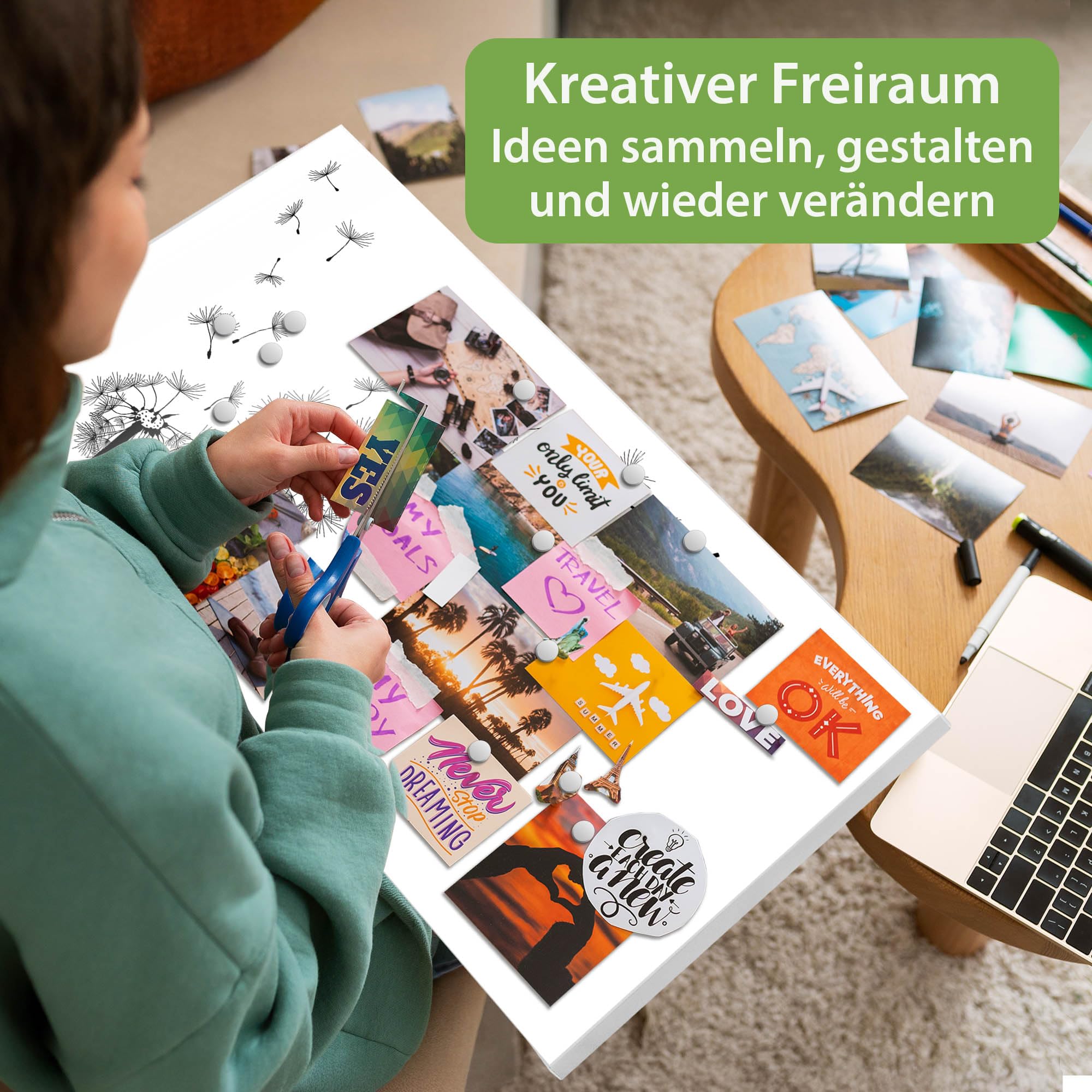 banjado Magnettafel Metall 78 x 37cm - beschreibbare Magnettafel - Metall Pinnwand als Memoboard - Magnetwand Küche, Büro, Kinderzimmer Weiß inkl. 4 Magnete & Montageset - Motiv Pusteblume 2