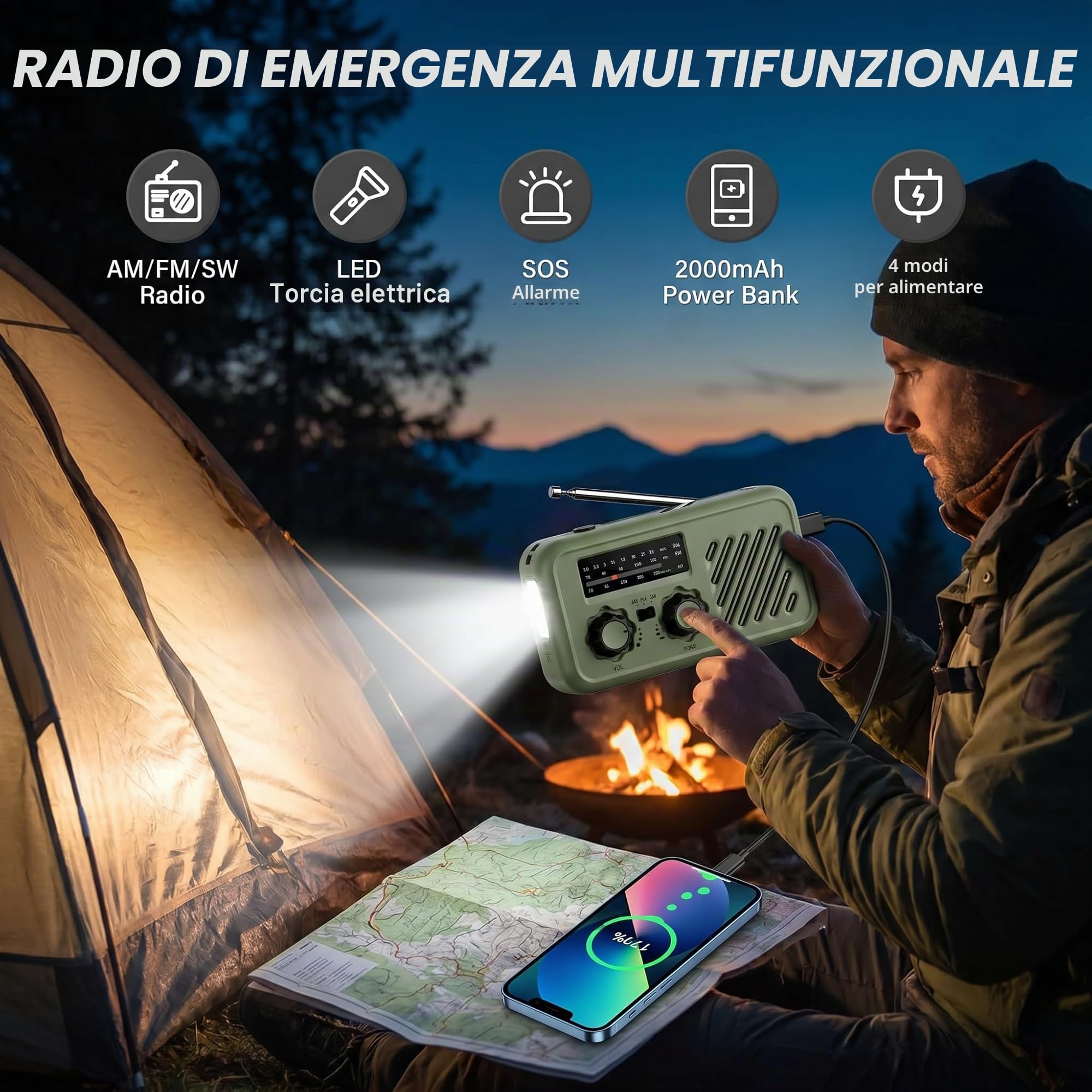 Radio Emergenza a Manovella con Solare & Power Bank 2000mAh, Radio AM/FM con Allarme SOS e Luce Lettura, Radio Dinamo per Blackout Campeggio Auto