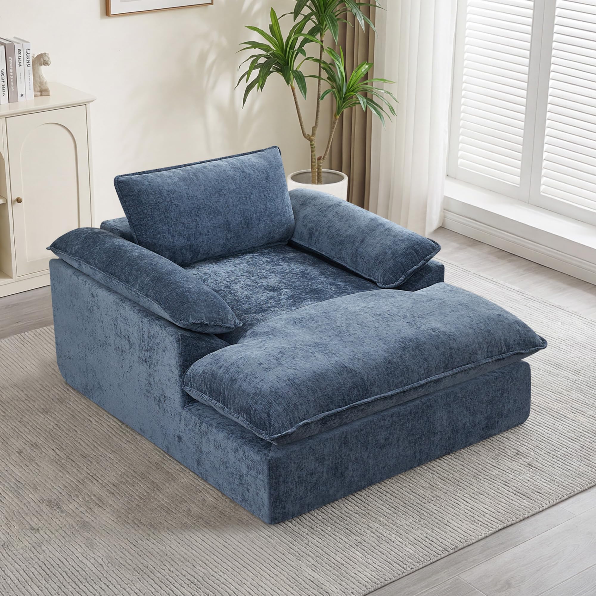 HUBSON 57" Boneless Chaise Lounge Chair Indoor, Comfy Deep Seat Sleeper Lounge Couch, Upholstered Chenille Cloud Chairs for Living Room, Bedroom, Apartment, No Assembly Required, Blue