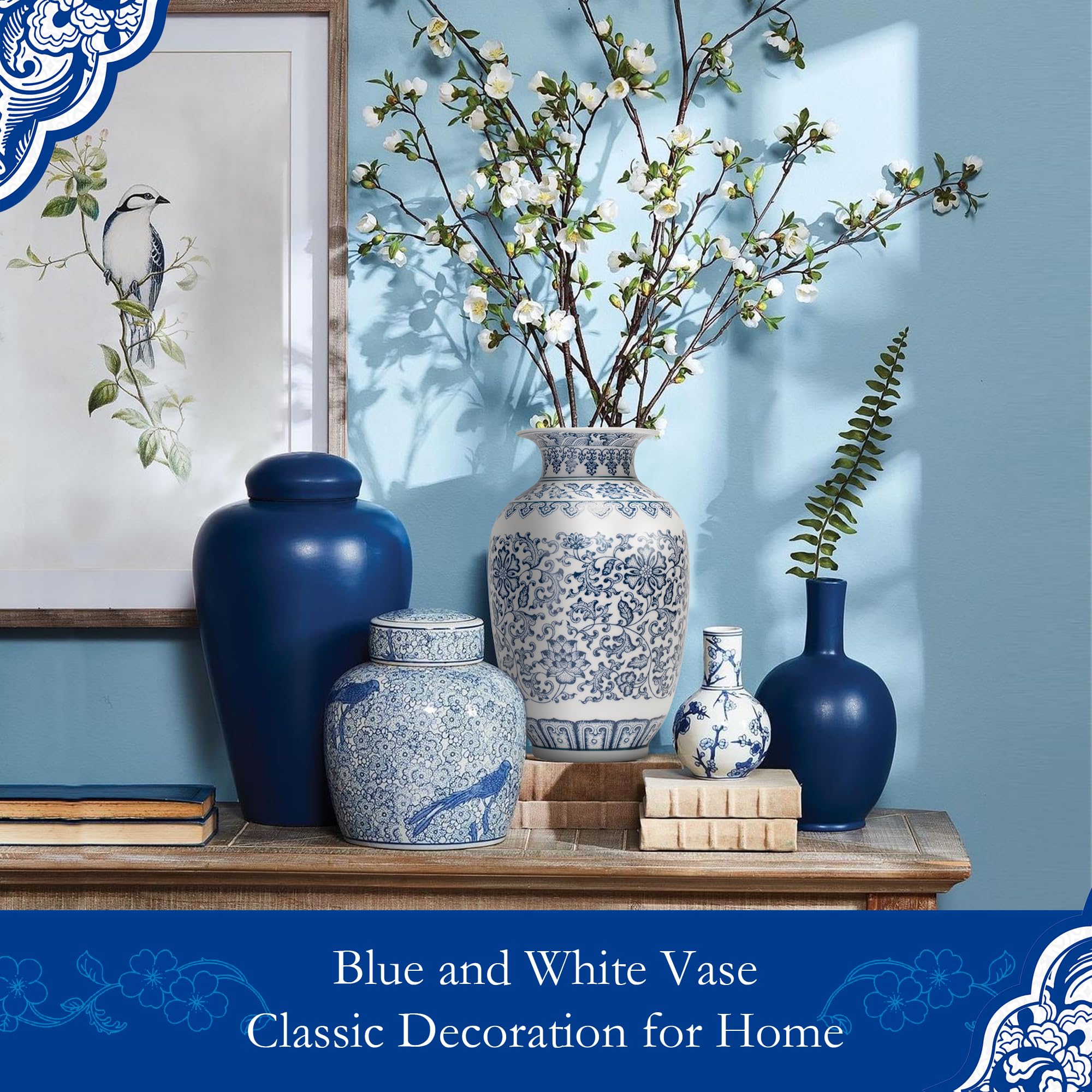 Chinoiserie Vintage orientalische Vase aus Keramik, handgefertigt, rustikale Blumendekoration für Zuhause, Büro, Bücherregal, Tisch (unglasiert)
