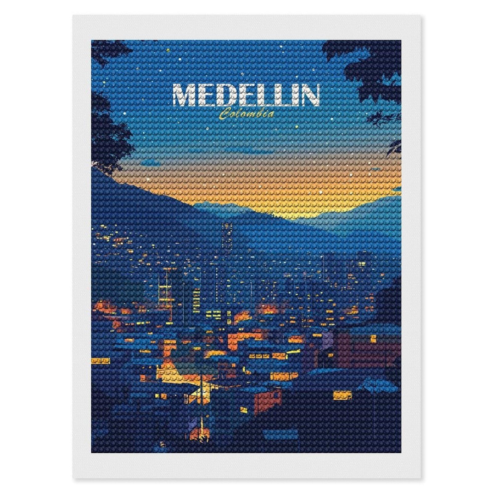 Junmoney Medellin Colombia Cityscape at Night Full Drill Diamond Painting Kit 12"x16", for Teens, Calming Craft to Unwind, Home Wall Decor, Christmas Gift