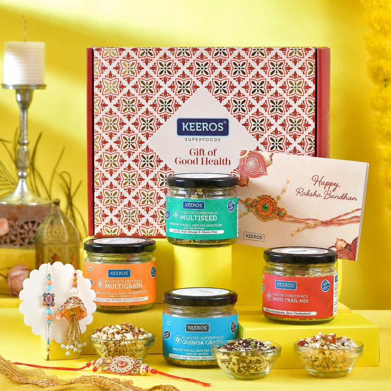 Keeros Healthy Rakhi Gift Hamper for Bhaiya & Bhabhi with Lumba Rakhi Roli Chandan Tikka Chawal Mishri|Rakhi Combo of Sweet & Salted, Tasty & Nutritious Snacks in Jars Packed in a Beautiful Gift Box-picture-10
