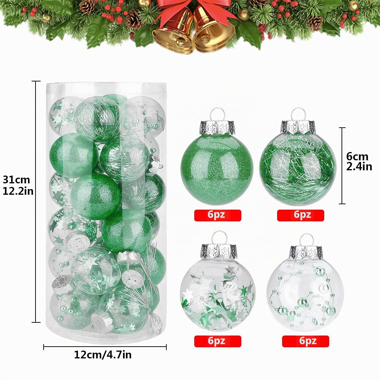 Palline di Natale 24 Pezzi 60mm - Set di Ornamenti Infrangibili per Albero - Decorazioni da Appendere per Feste e Nozze