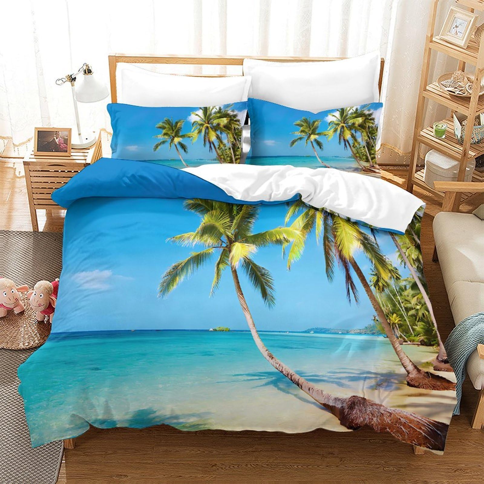 Scena di spiaggia tropicale copripiumino 3 Pezzi microfibra stampa di 3D con federa con federe Fuga di lusso sull'isola Set Di Copripiumino for coppie e adulti King（220x240cm）