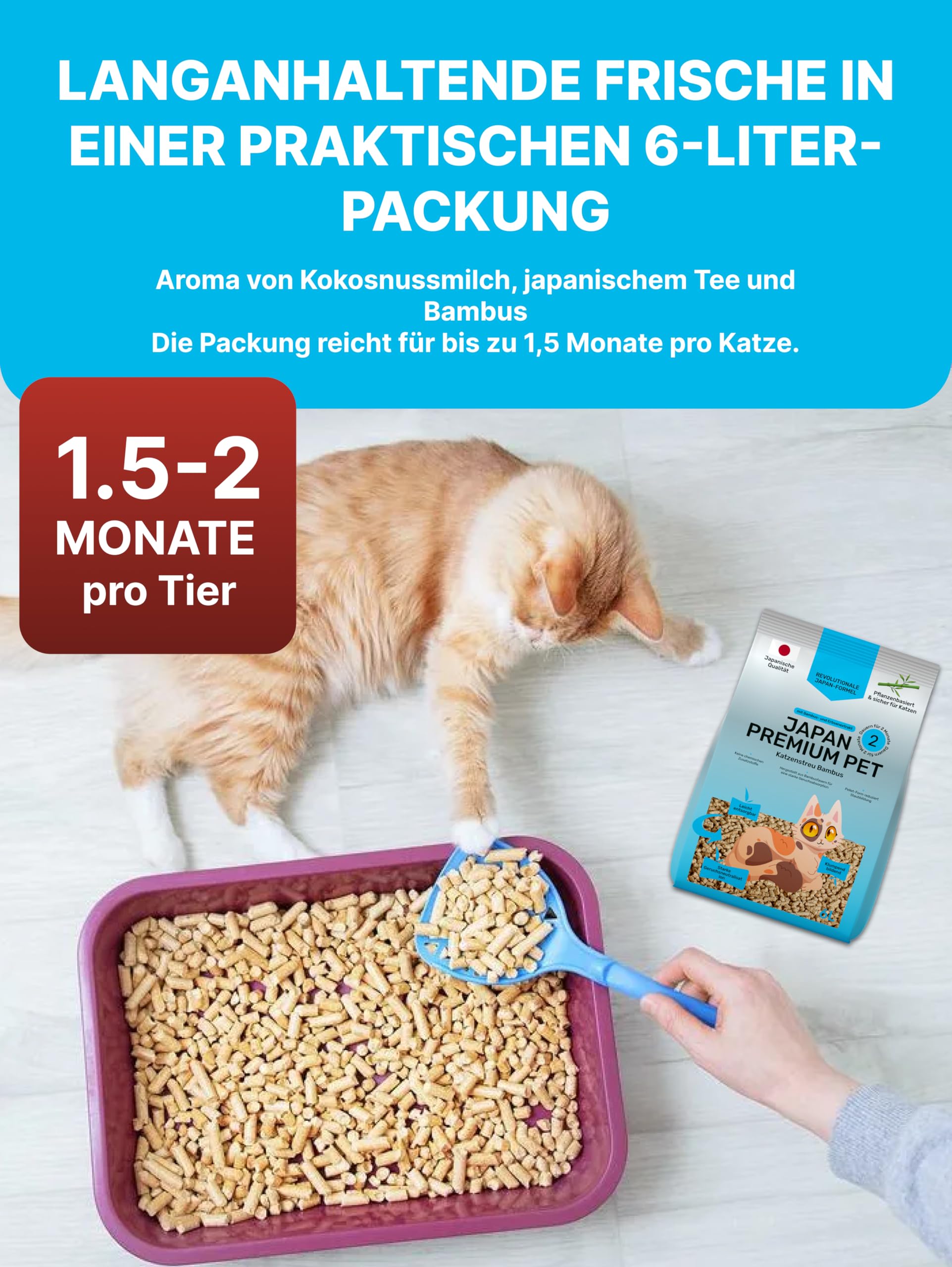 Antibacterial Katzenstreu Pellets mit Gesundheitsindikator | Aus Kokosnussmilch & Bambus-Extrakt mit Japanischer Tee | 100% Pflanzliche Katzenstreu Staubfrei | maximaler Saugkraft | (4x6L)