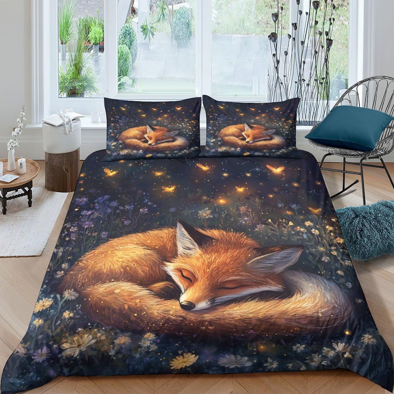 Ctjqhvkz Style-4 3D Printed Sleeping Fox Fitted Sheet Microfiber Soft Breathable Night Forest Mattress Cover For Bedroom Home Decor Single（135X200cm）