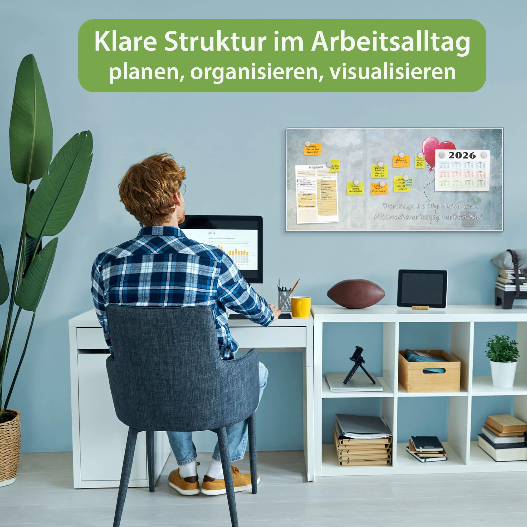 banjado Magnettafel Metall 78 x 37cm - beschreibbare Magnettafel - Metall Pinnwand als Memoboard - Magnetwand Küche, Büro, Kinderzimmer Weiß inkl. 4 Magnete & Montageset - Motiv Herzballon